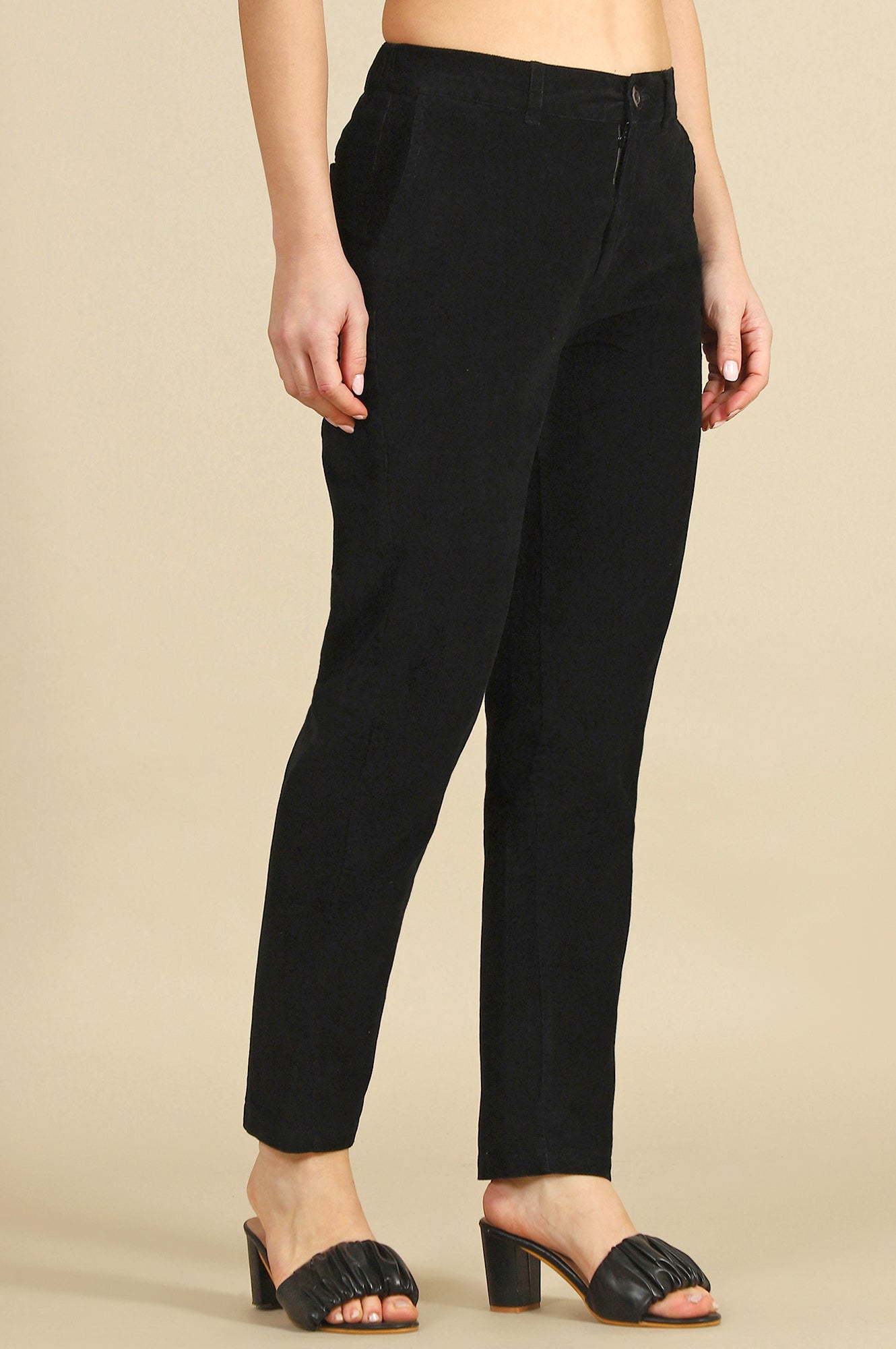 Black Solid Cotton Blend Straight Trousers & Pants