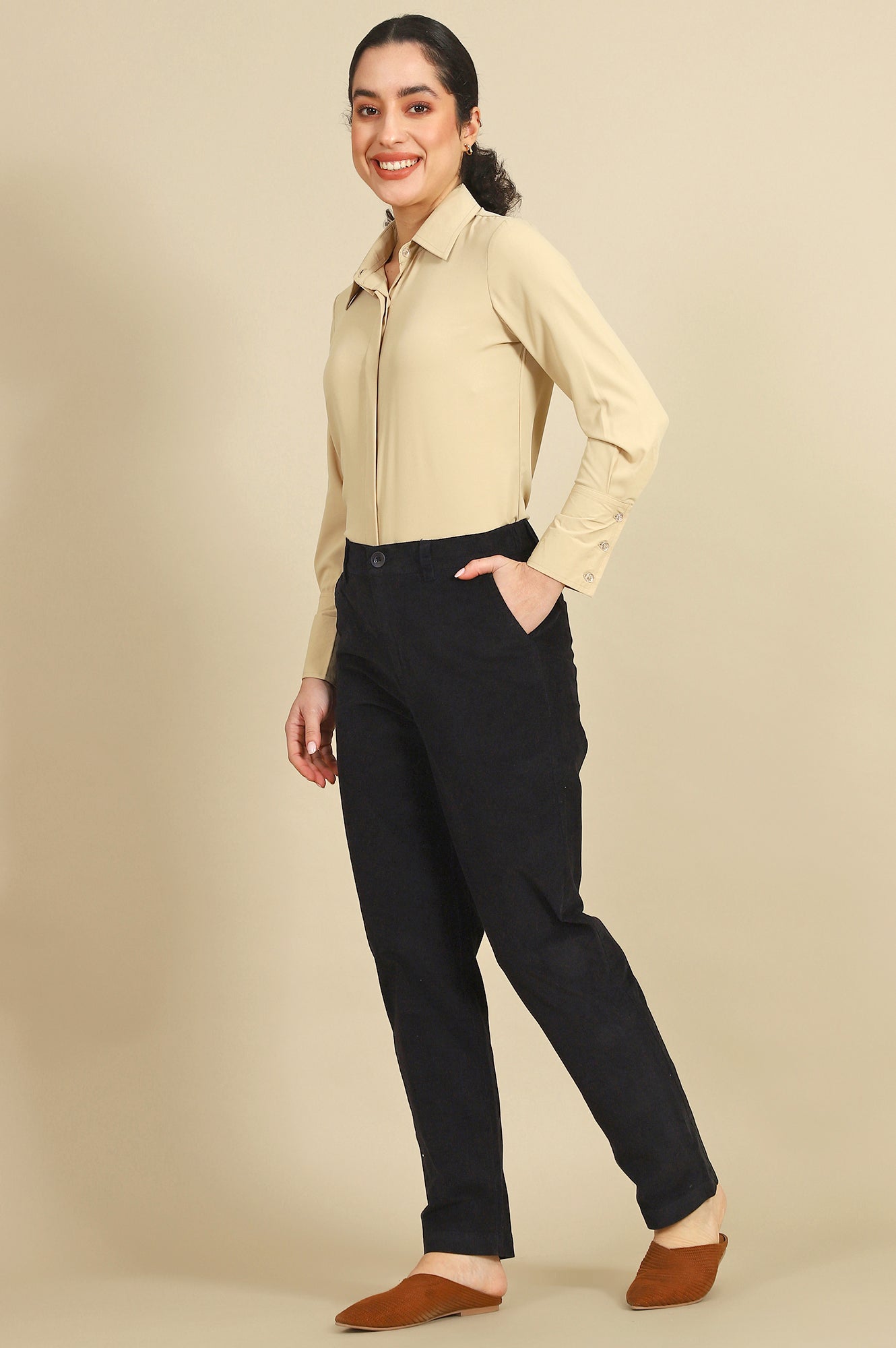 Blue Solid Cotton Blend Straight Trousers & Pants