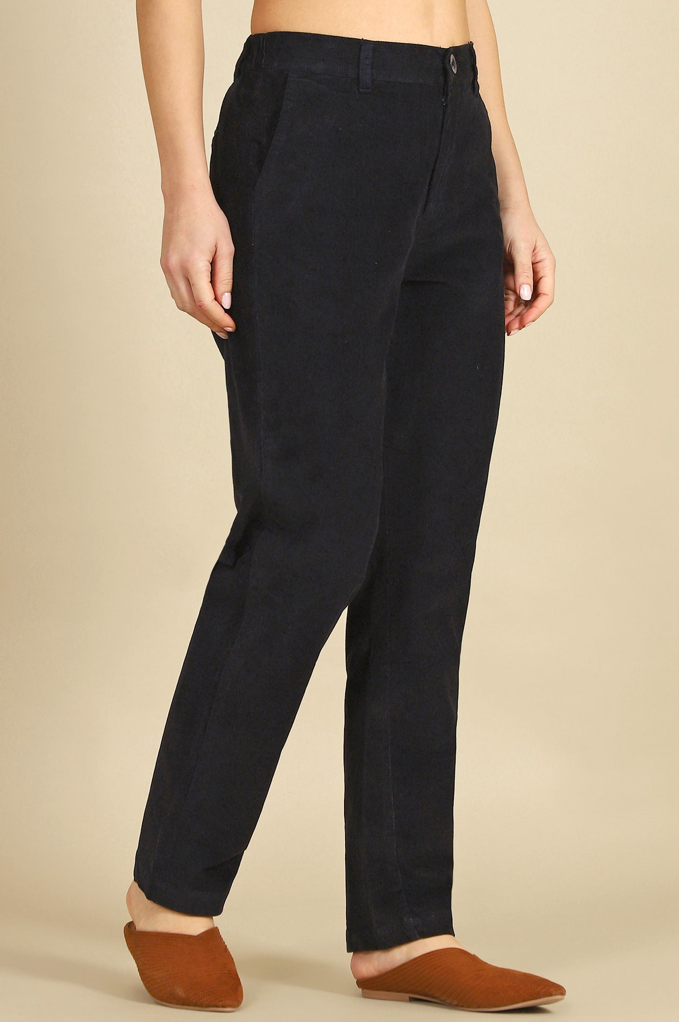 Blue Solid Cotton Blend Straight Trousers & Pants