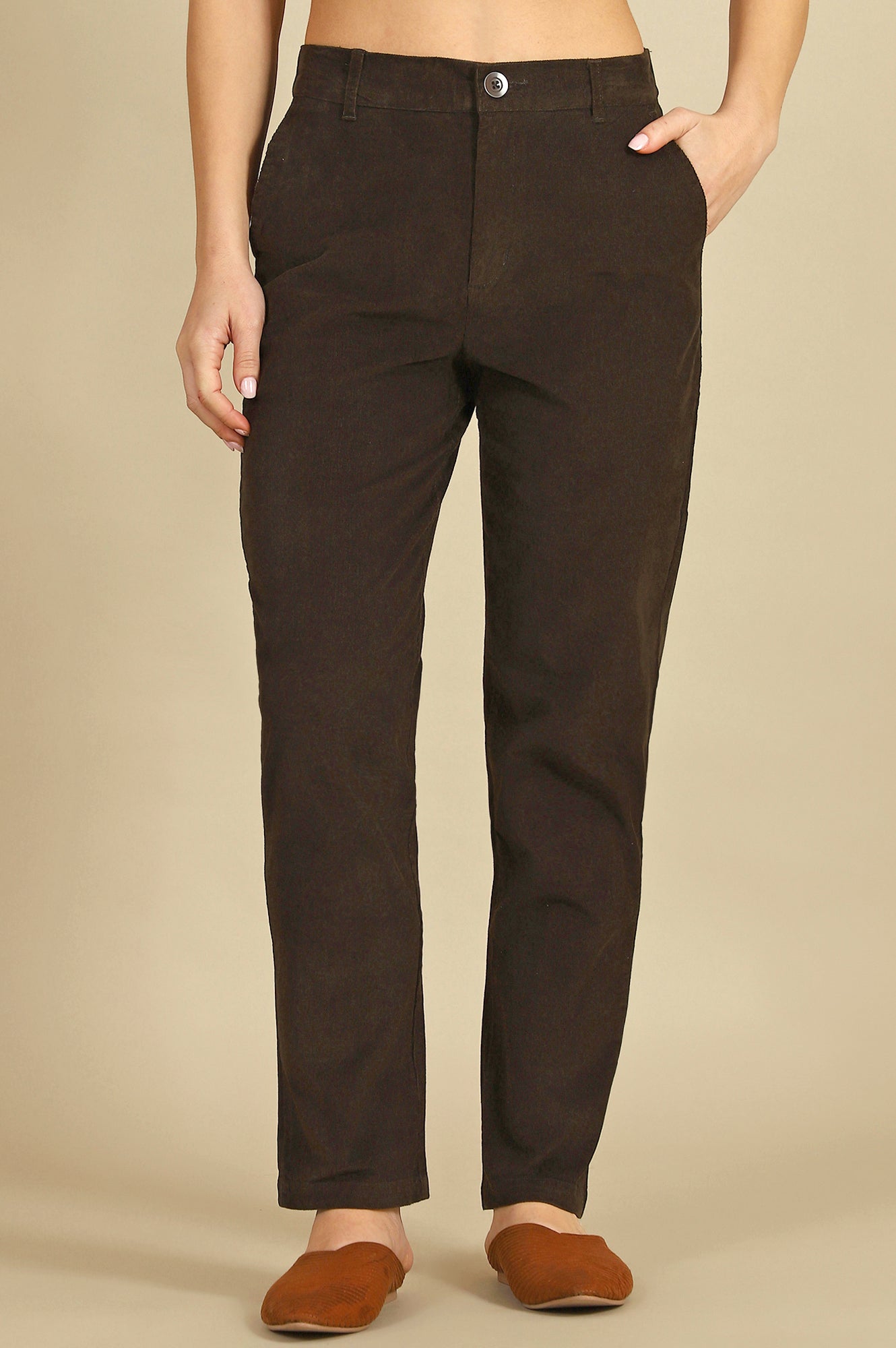 Green Solid Cotton Blend Straight Trousers & Pants