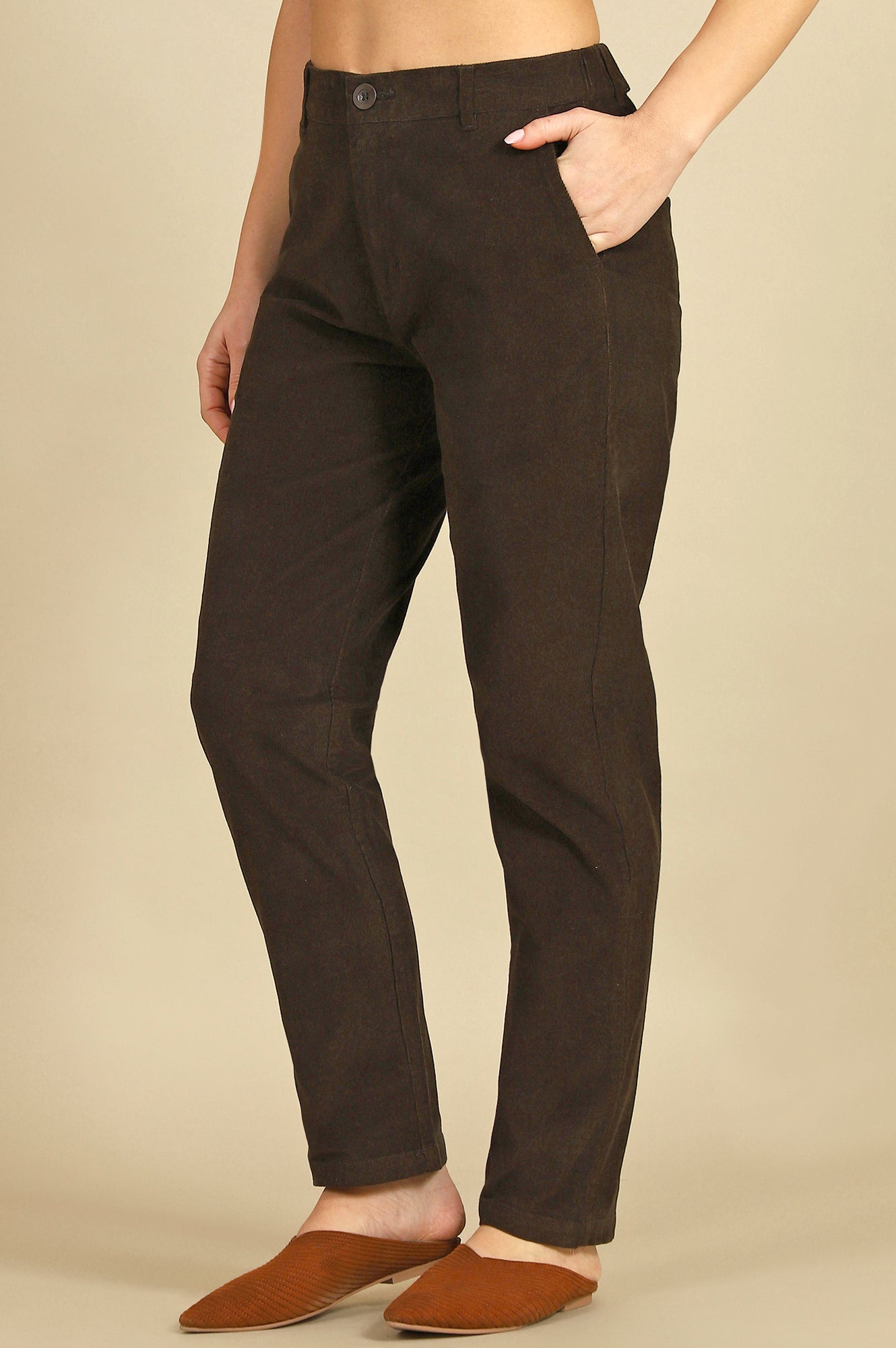 Green Solid Cotton Blend Straight Trousers & Pants