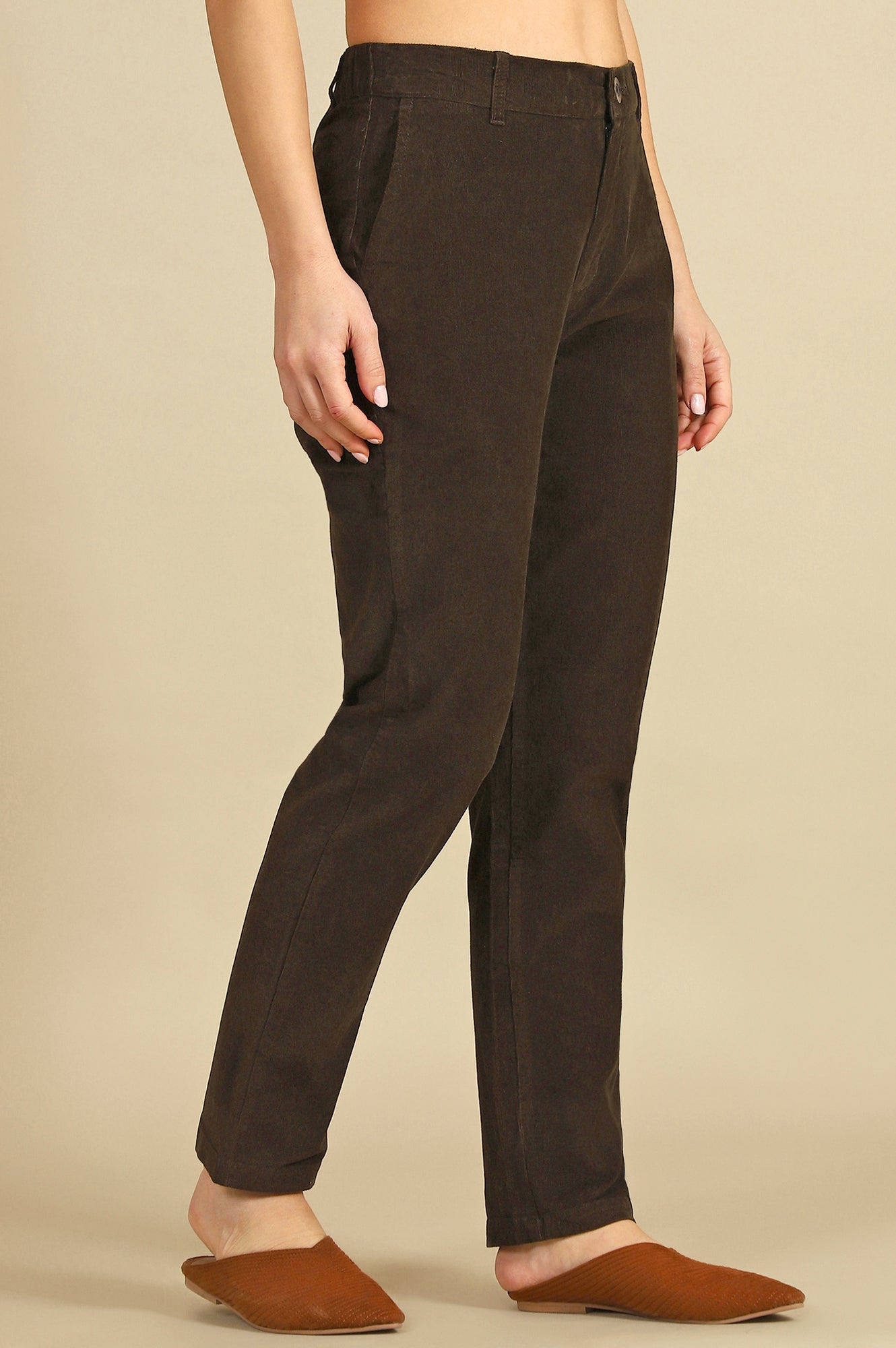 Green Solid Cotton Blend Straight Trousers & Pants