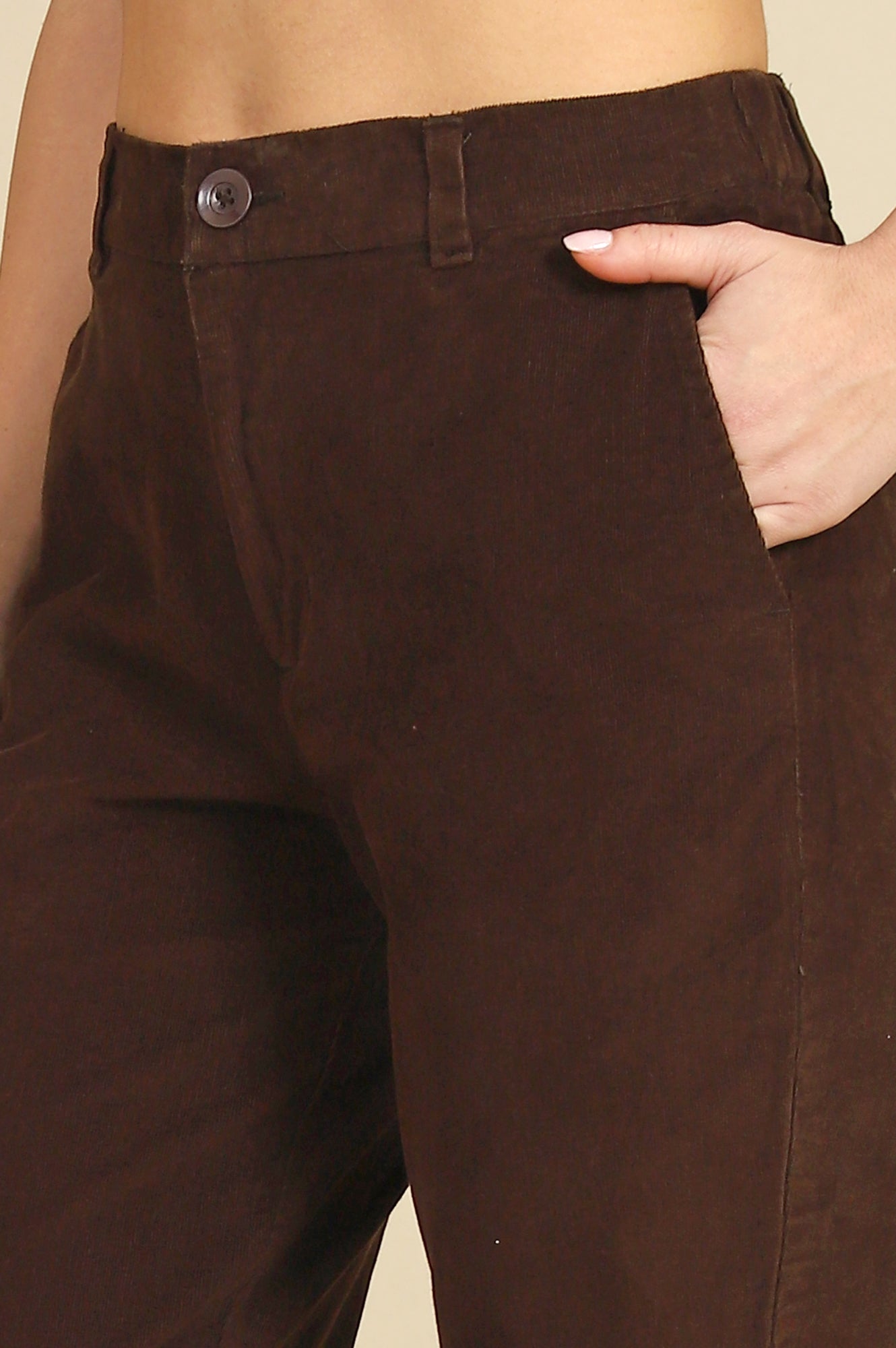 Brown Solid Cotton Blend Straight Trousers & Pants