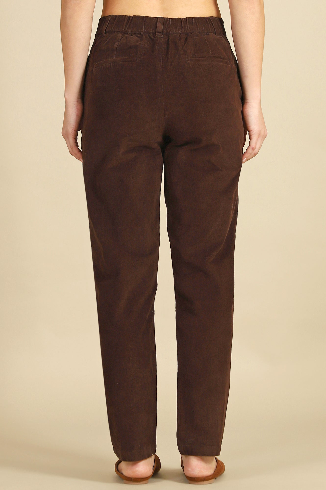 Brown Solid Cotton Blend Straight Trousers & Pants