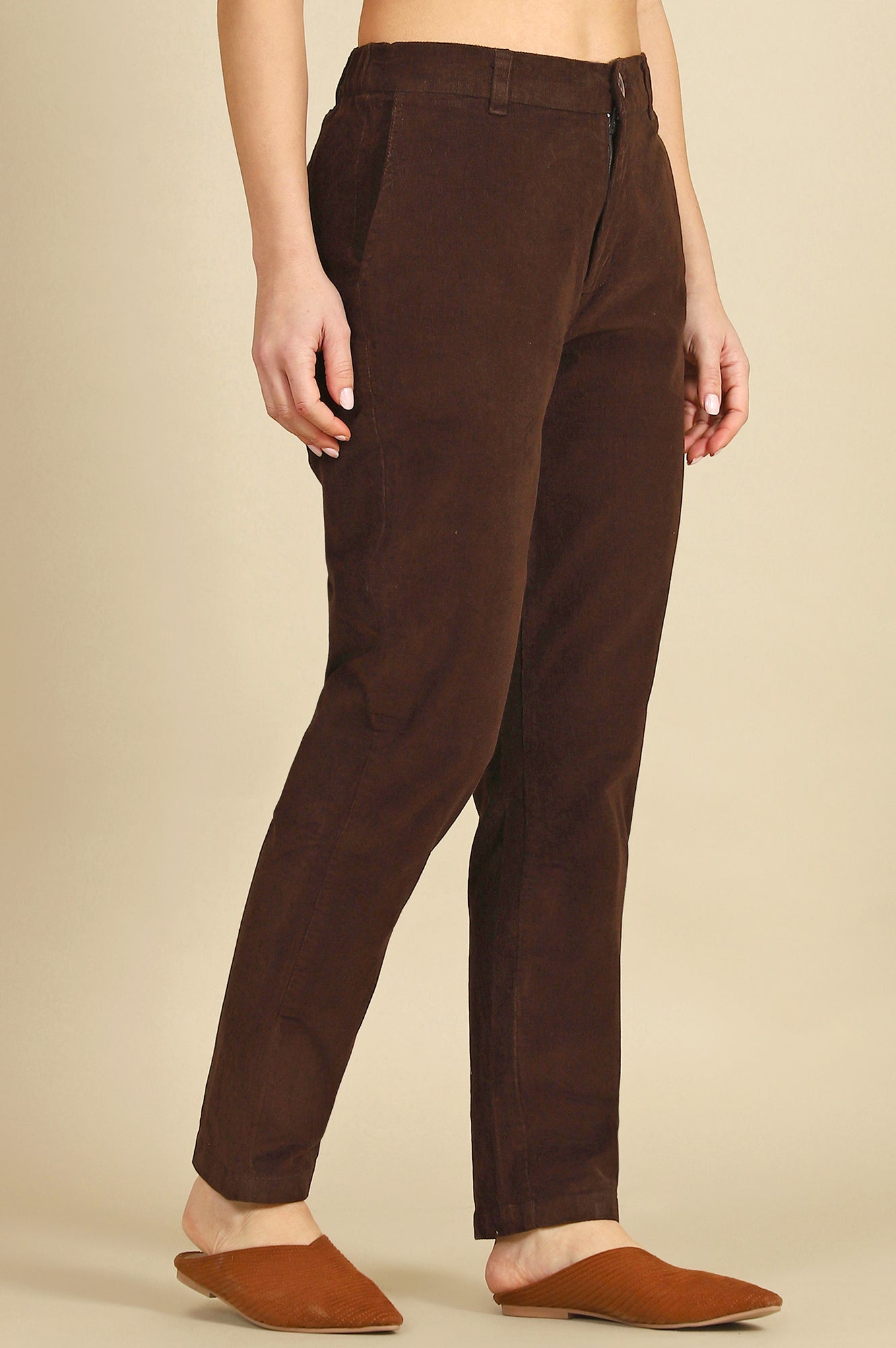 Brown Solid Cotton Blend Straight Trousers & Pants