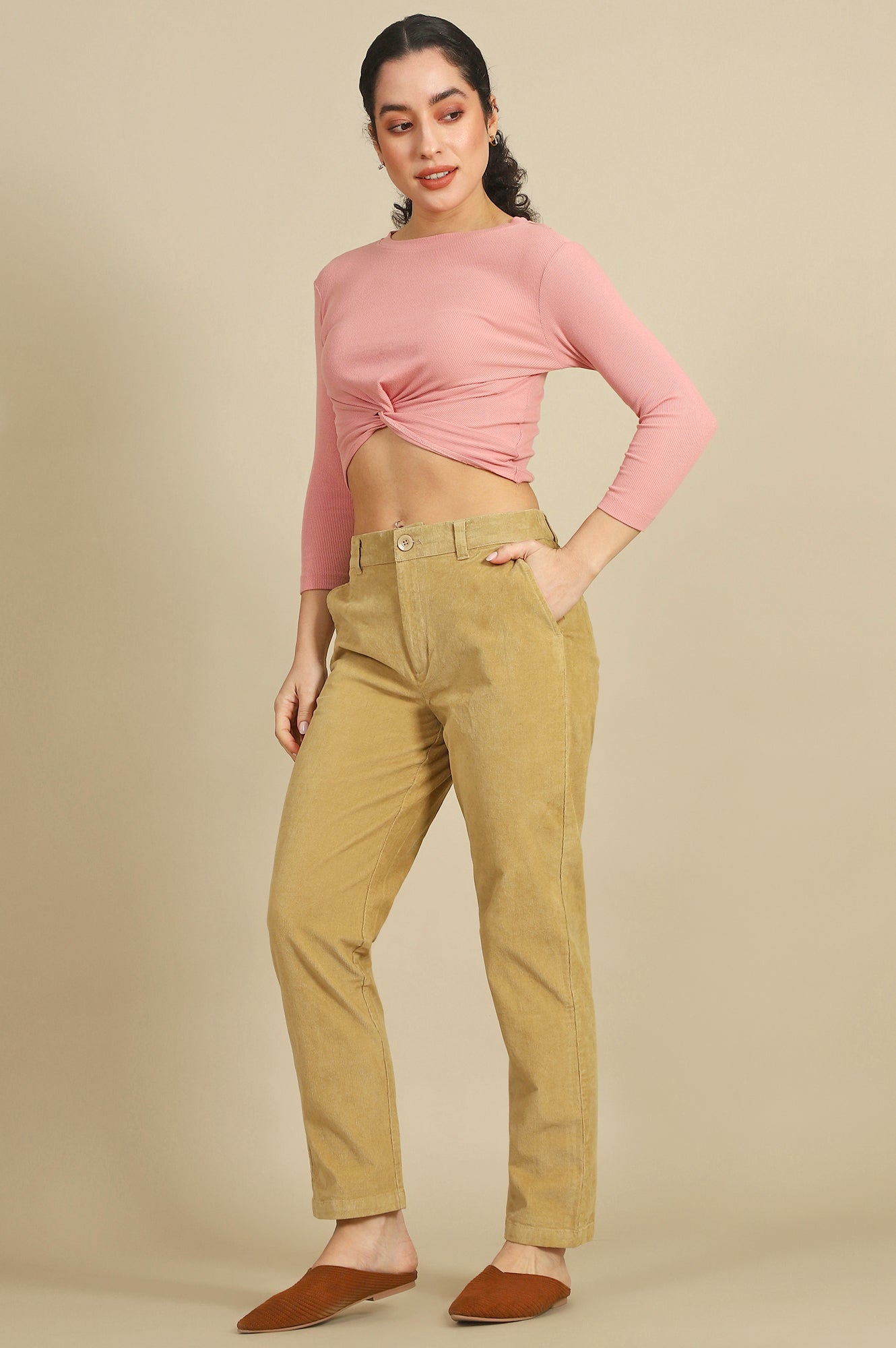 Beige Solid Cotton Blend Straight Trousers & Pants