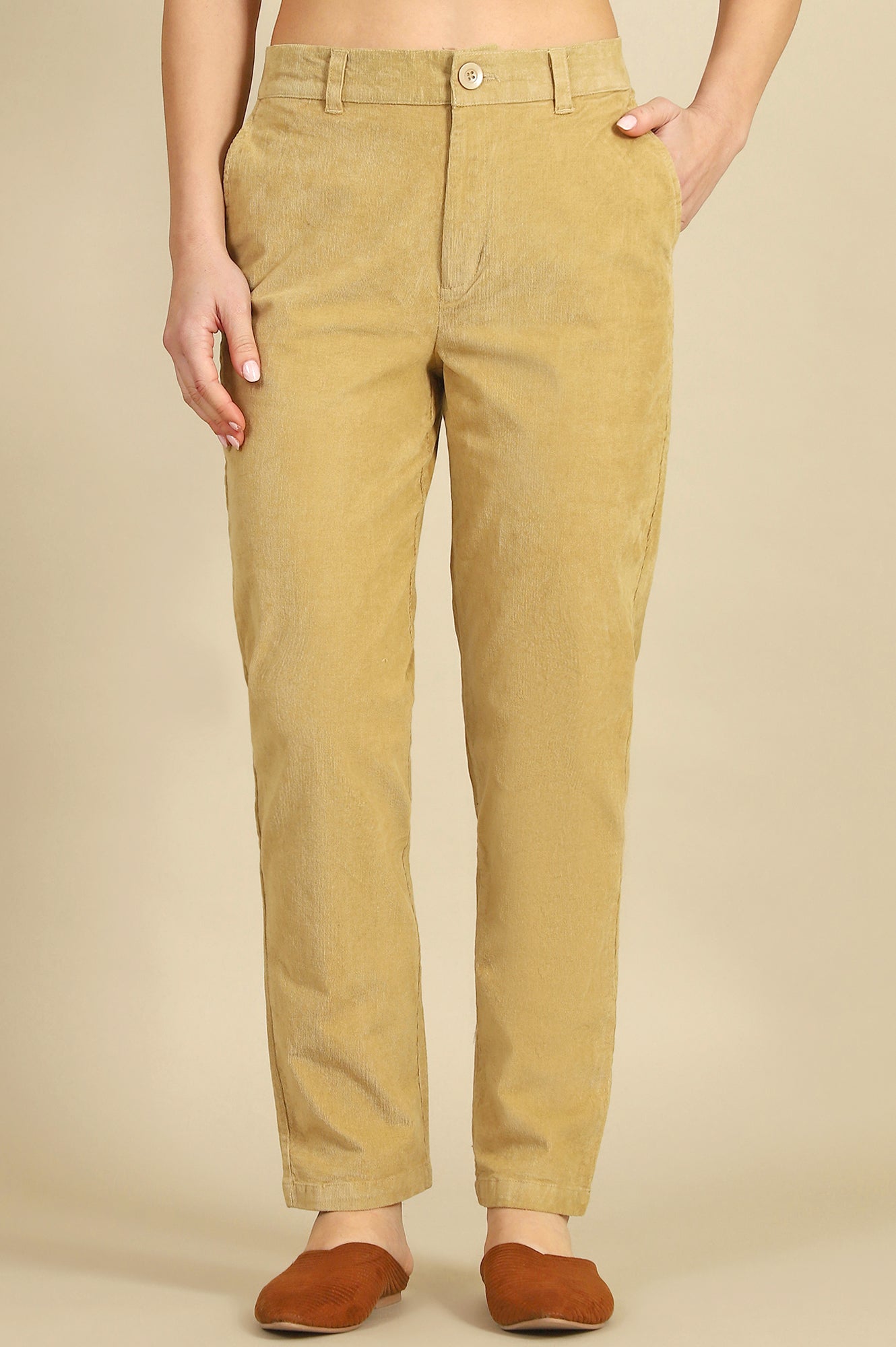 Beige Solid Cotton Blend Straight Trousers & Pants