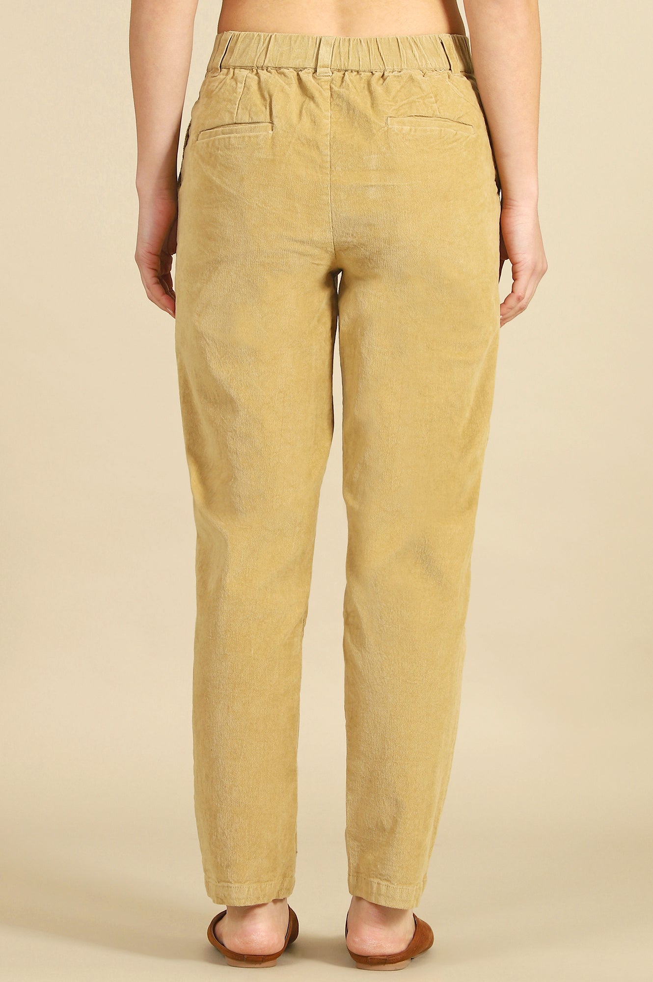 Beige Solid Cotton Blend Straight Trousers & Pants