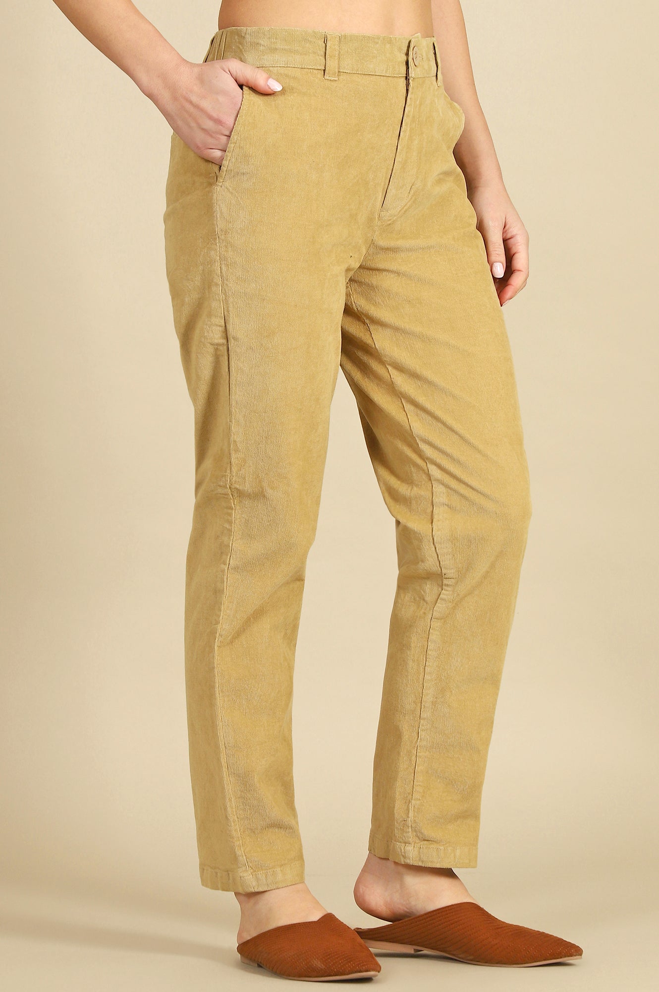 Beige Solid Cotton Blend Straight Trousers & Pants