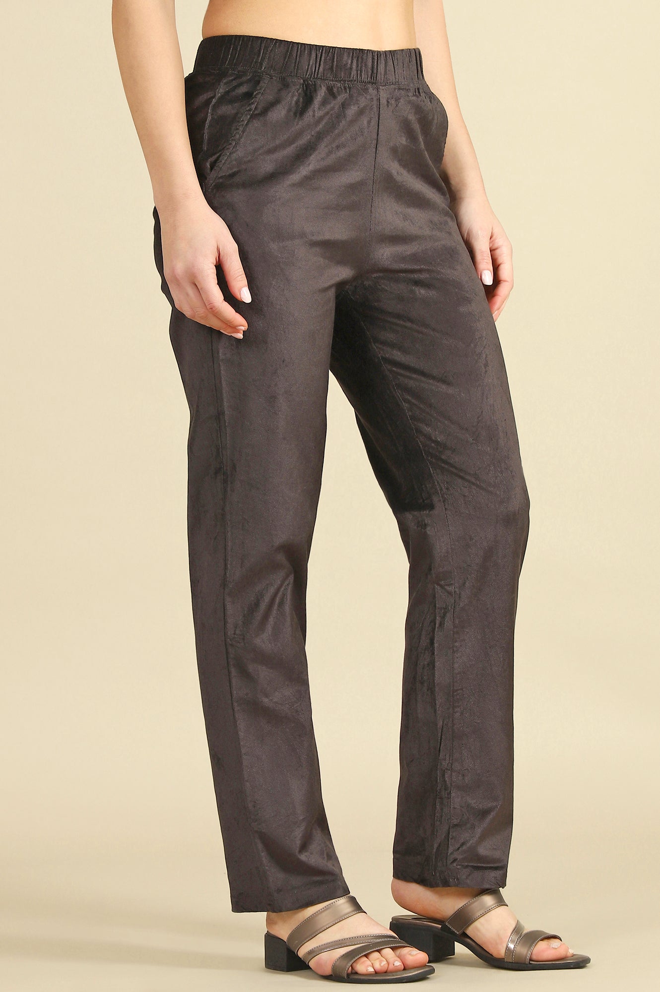Grey Solid Straight Trousers & Pants