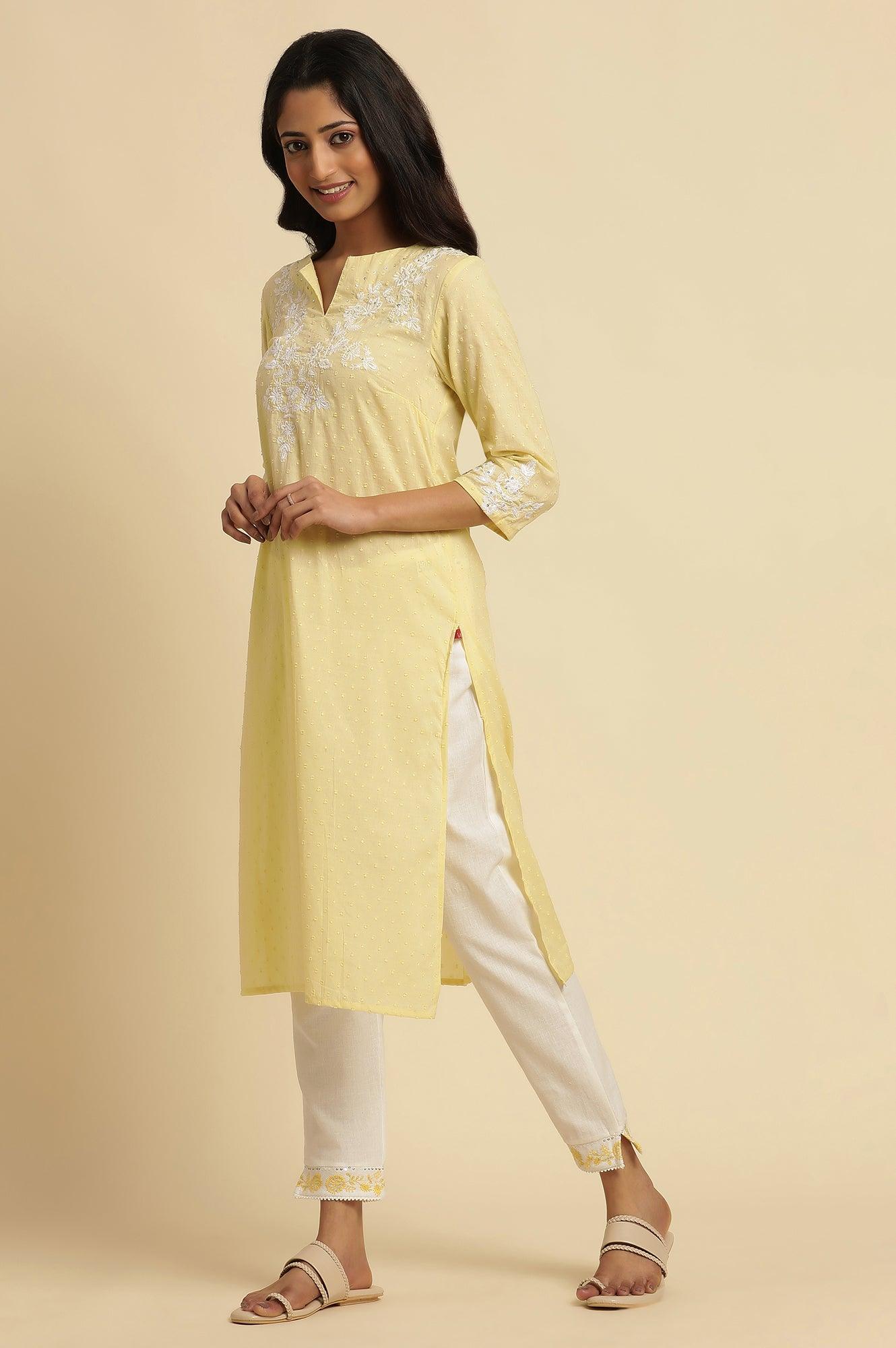 Lemon Yellow Embroidered Kurta - wforwoman