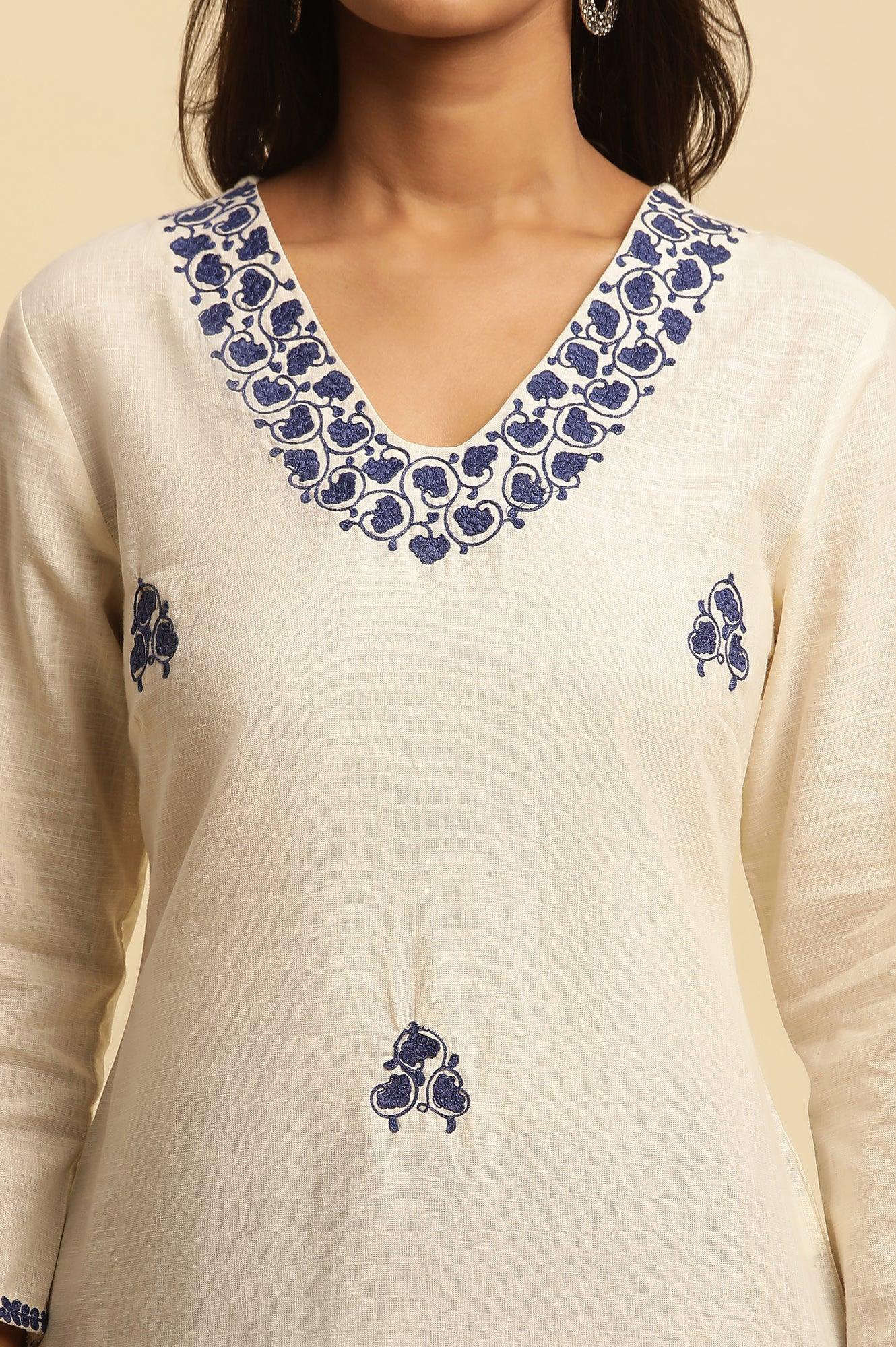 White Straight Kurta With Blue Embroidery - wforwoman