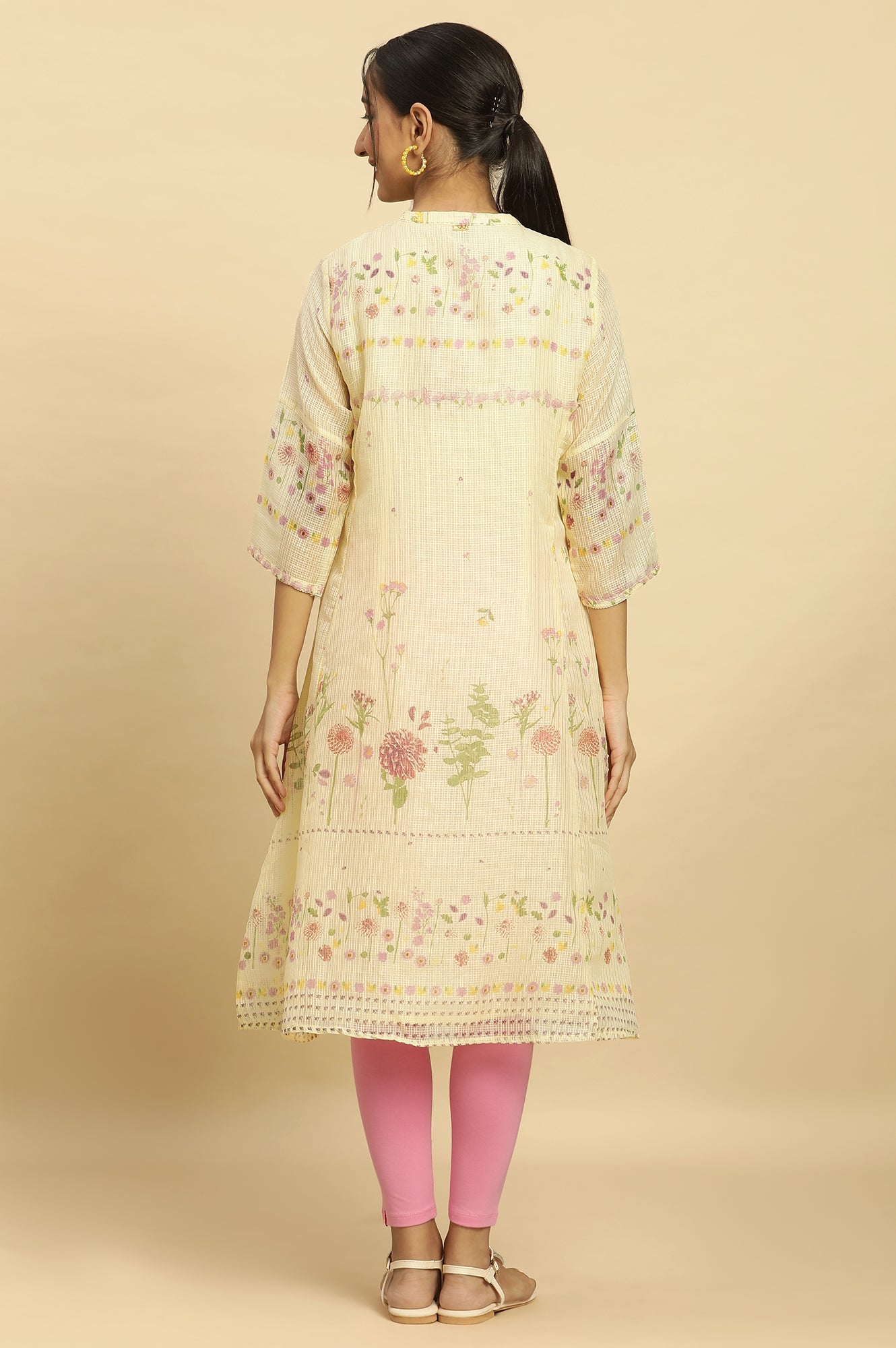 Yellow Floral Printed A-Line Kota Kurta