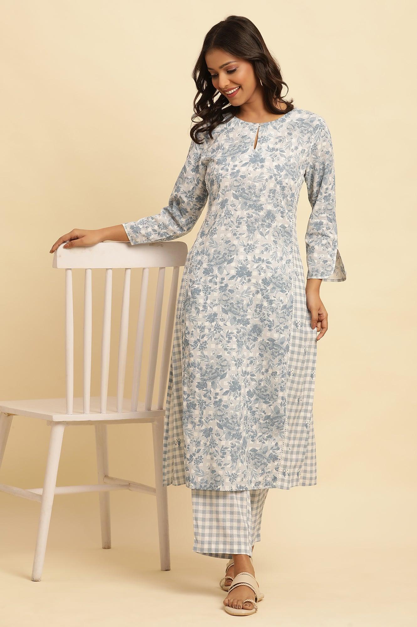 Blue Checker And Floral Printed Kurta - wforwoman