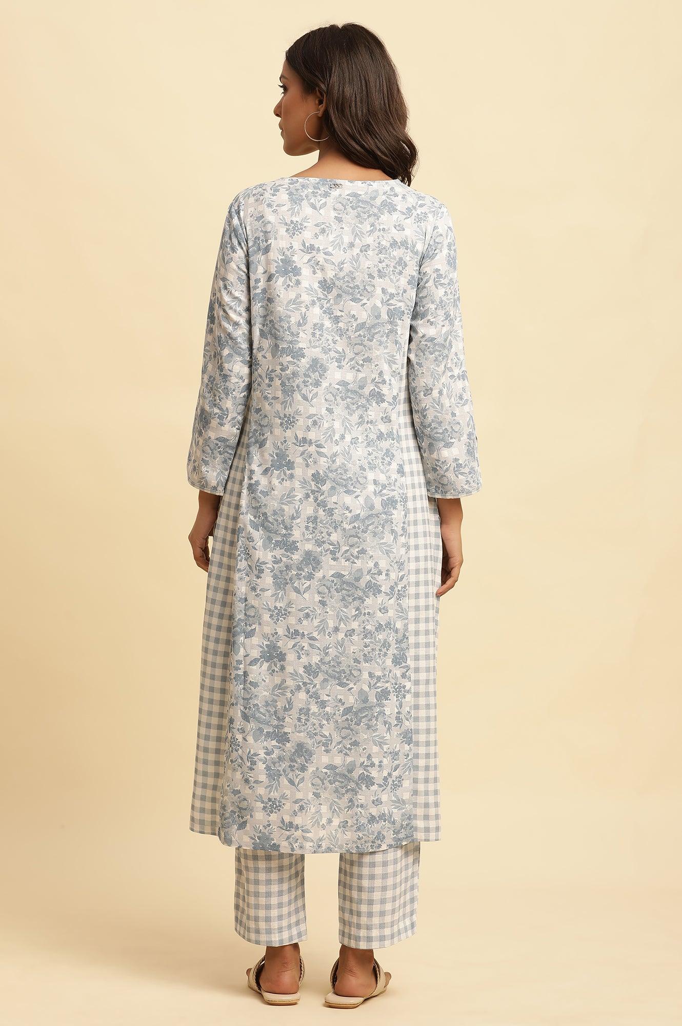 Blue Checker And Floral Printed Kurta - wforwoman