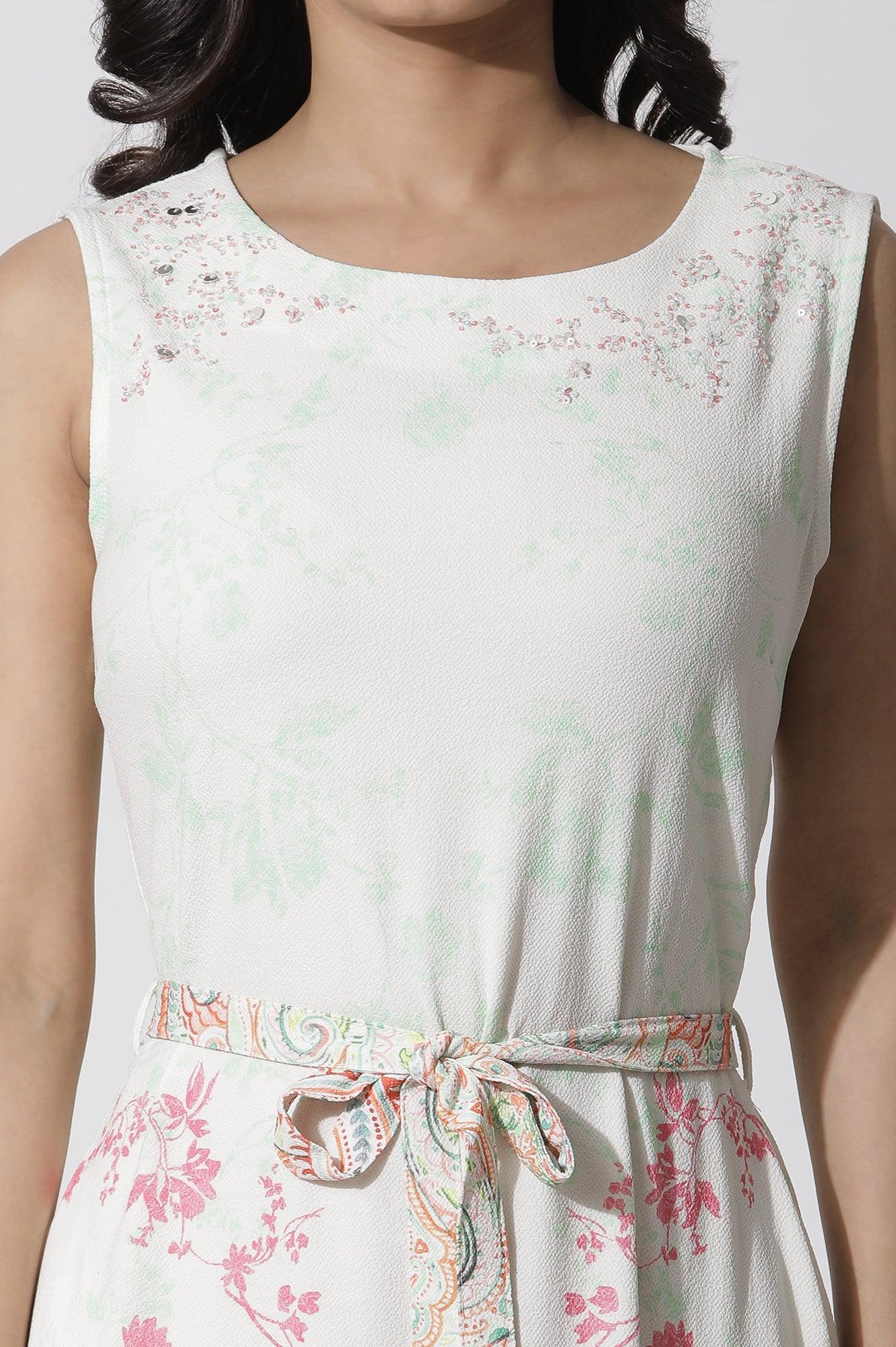 White Textured Crepe Dress In Multi-Coloured Print - wforwoman