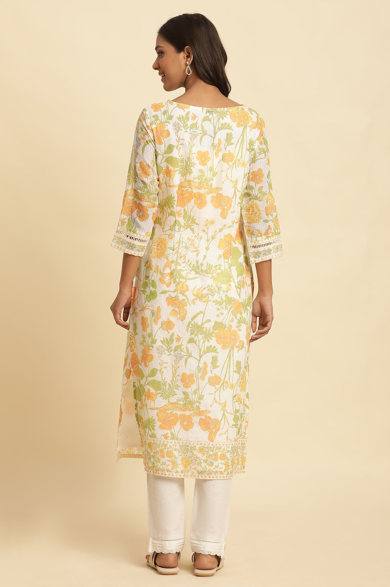 White Floral Printed Cotton Kurta