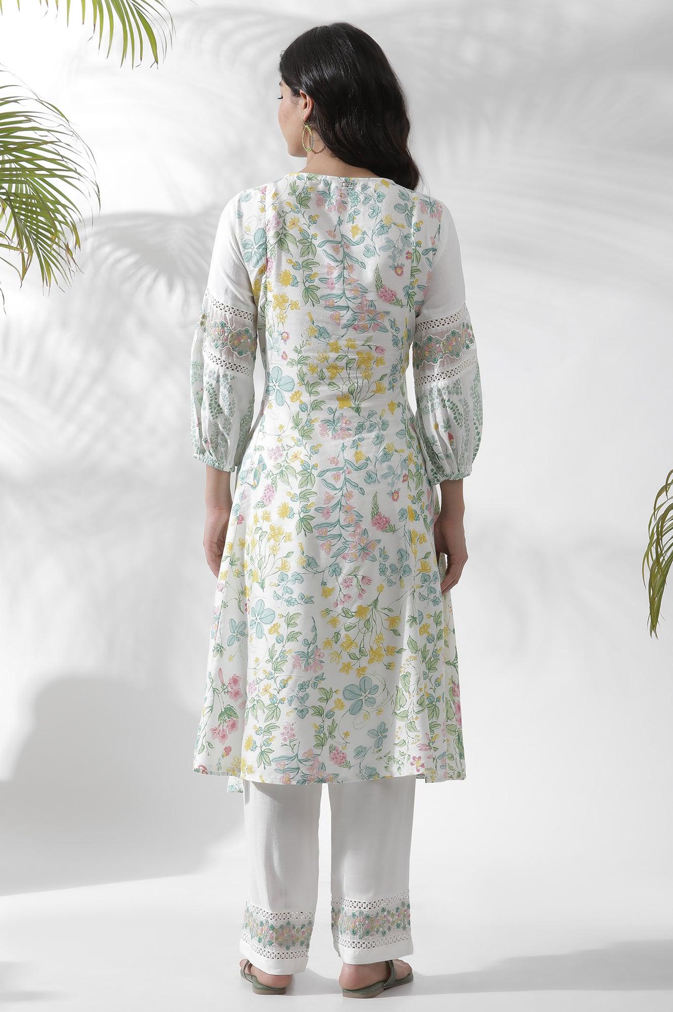 White A-Line Floral Printed Kurta - wforwoman