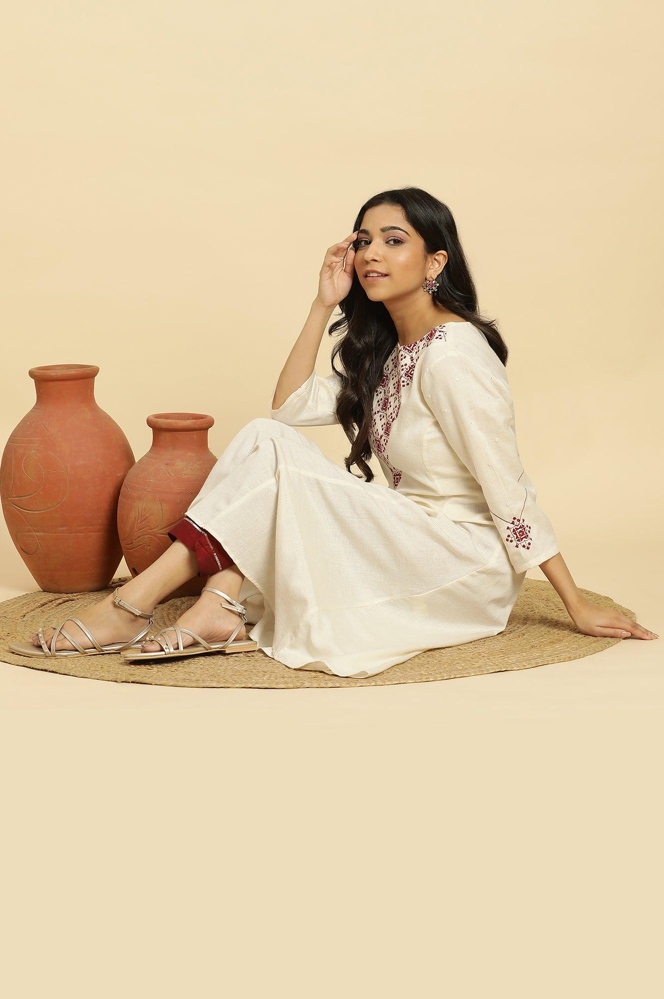 White Flared Kurta With Mirror Work And Embroidery - wforwoman
