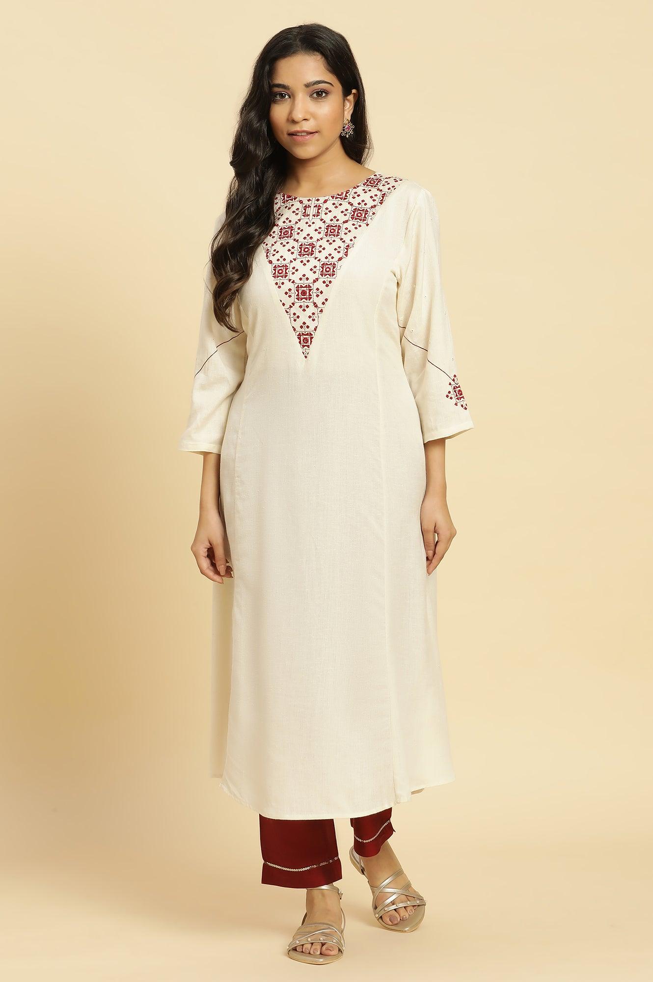 White Flared Kurta With Mirror Work And Embroidery - wforwoman