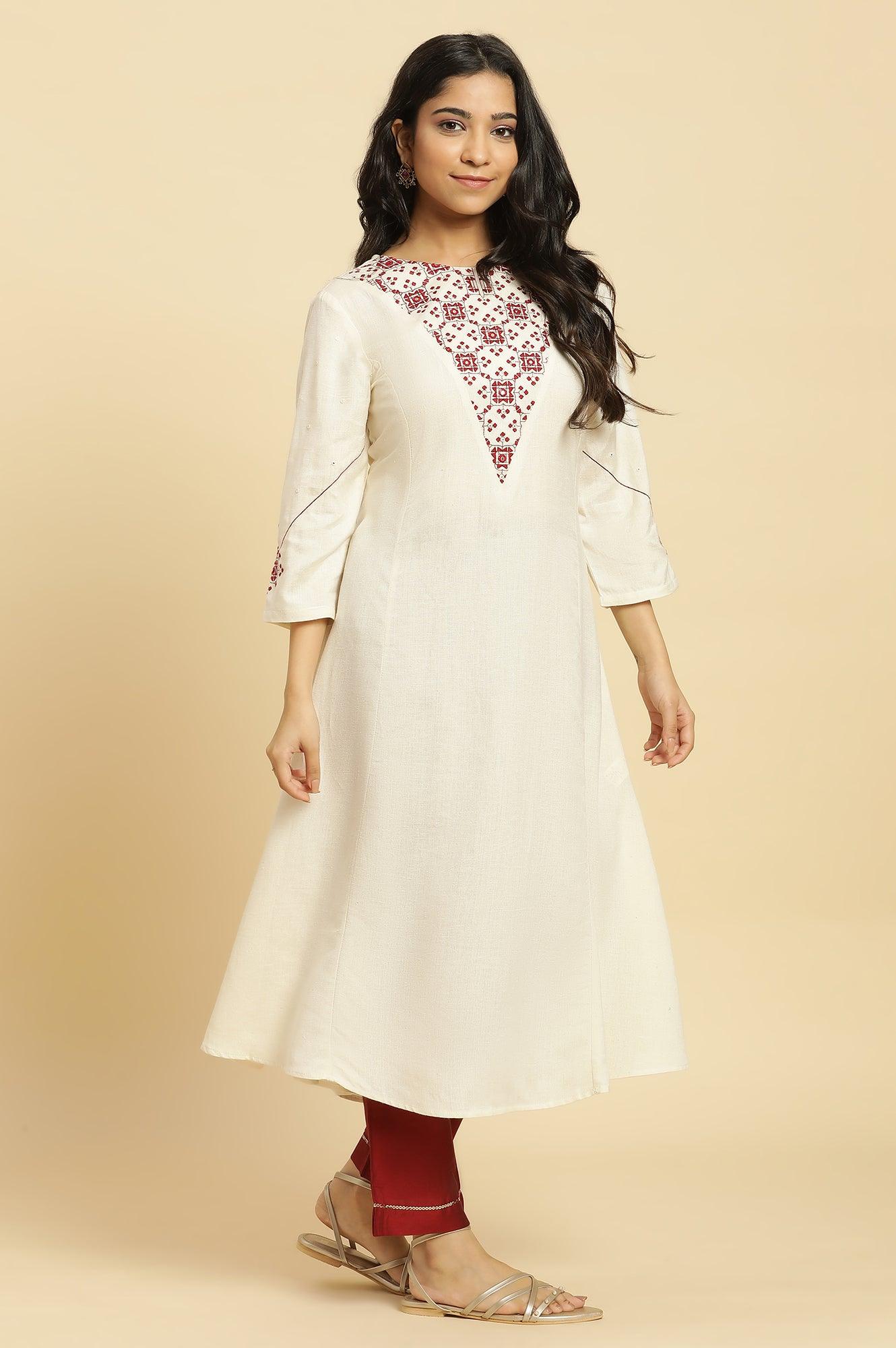 White Flared Kurta With Mirror Work And Embroidery - wforwoman
