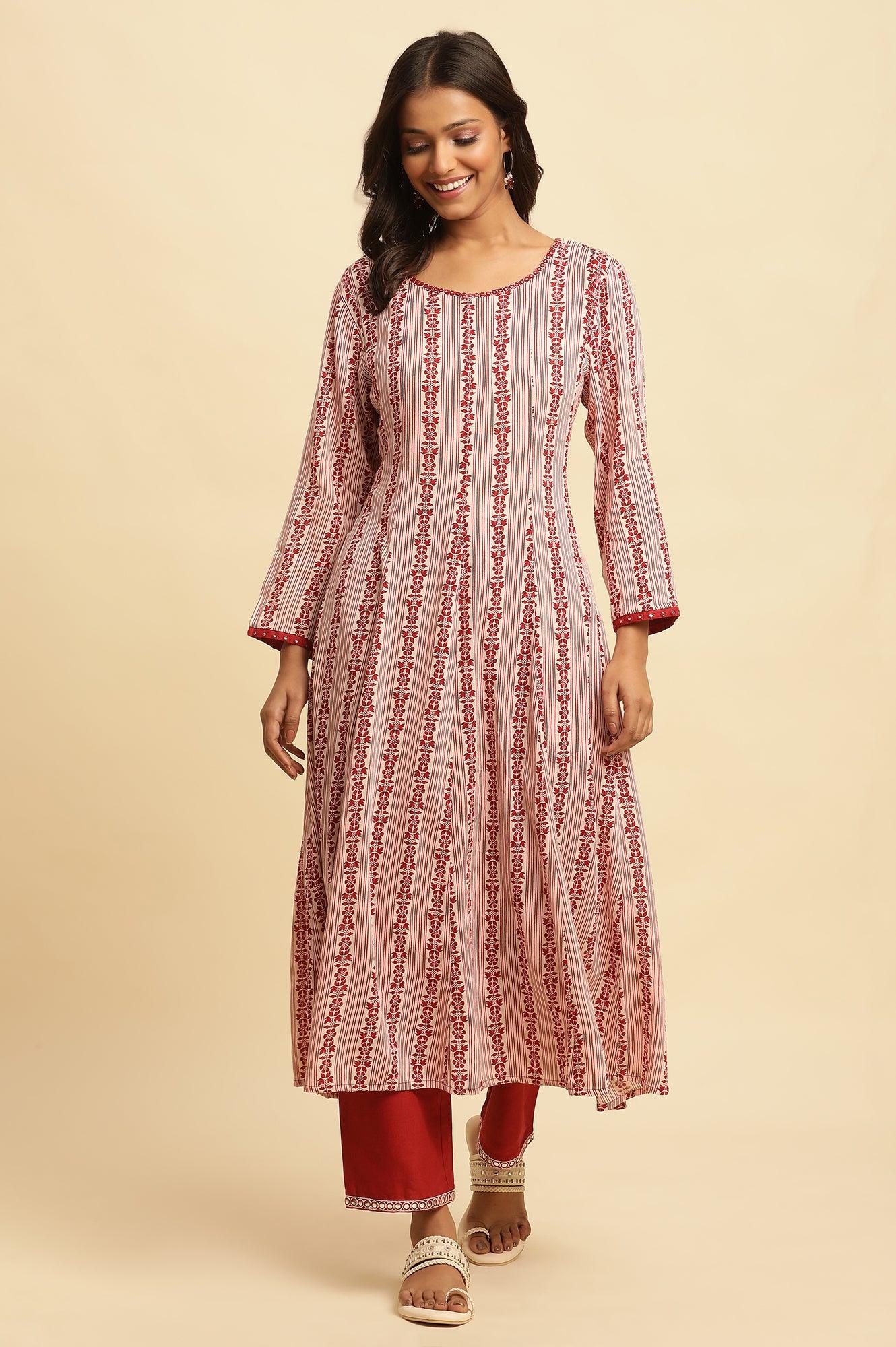White And Red Printed A-Line Kurta - wforwoman
