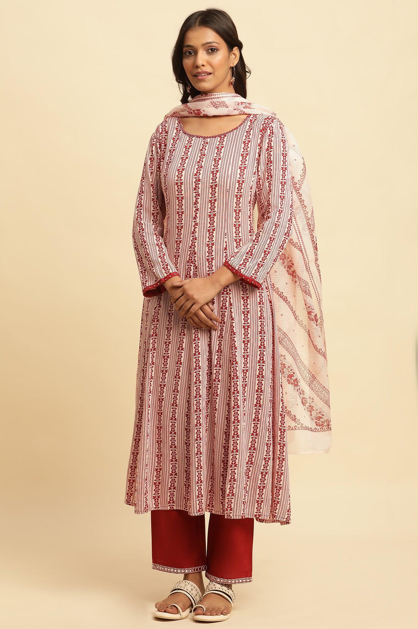 White And Red Printed A-Line Kurta - wforwoman