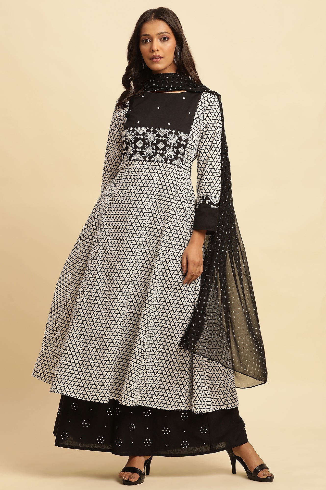 White And Black Printed Flared Kurta With Embroidery