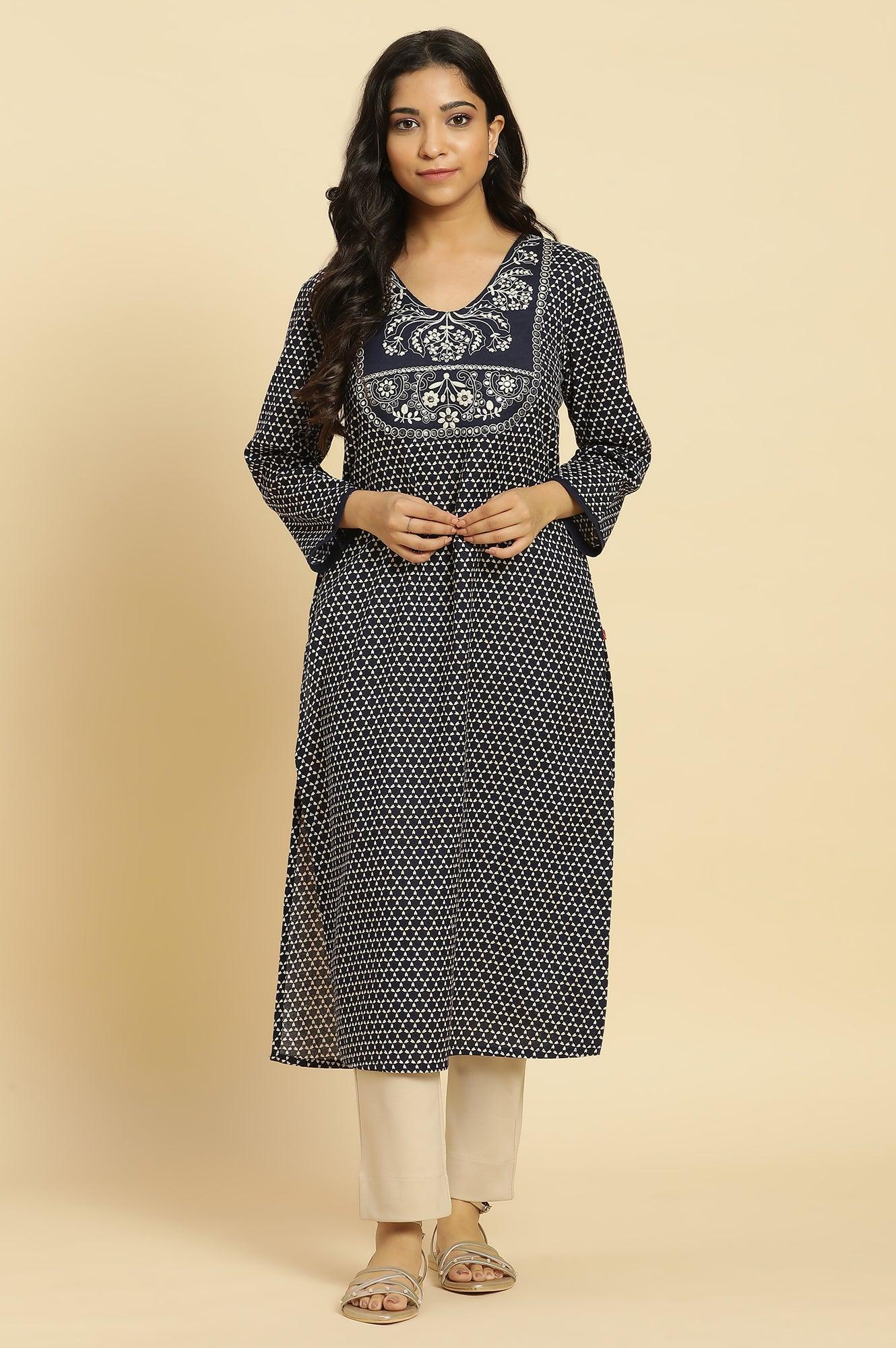 Blue Printed Cotton Kurta With Dori Embroidery - wforwoman