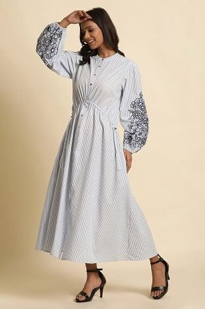 White And Blue Striped Embroidered Dress