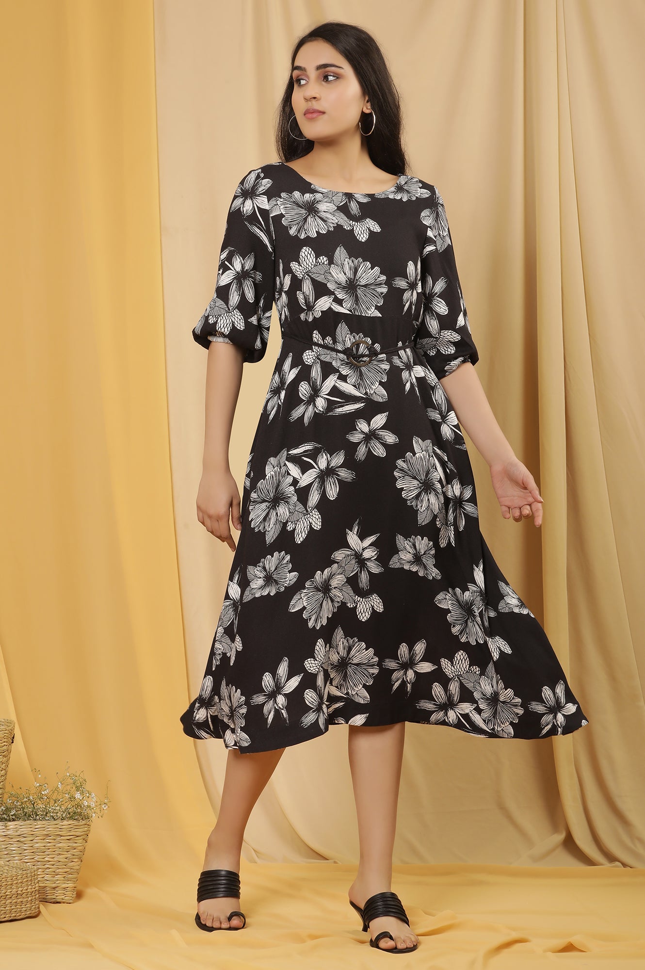Black A-Line Floral Printed Dress