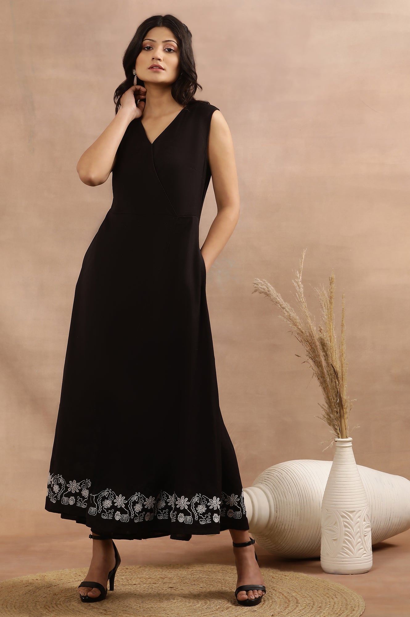 Black Sleeveless Long Western Wrap Jumpsuit