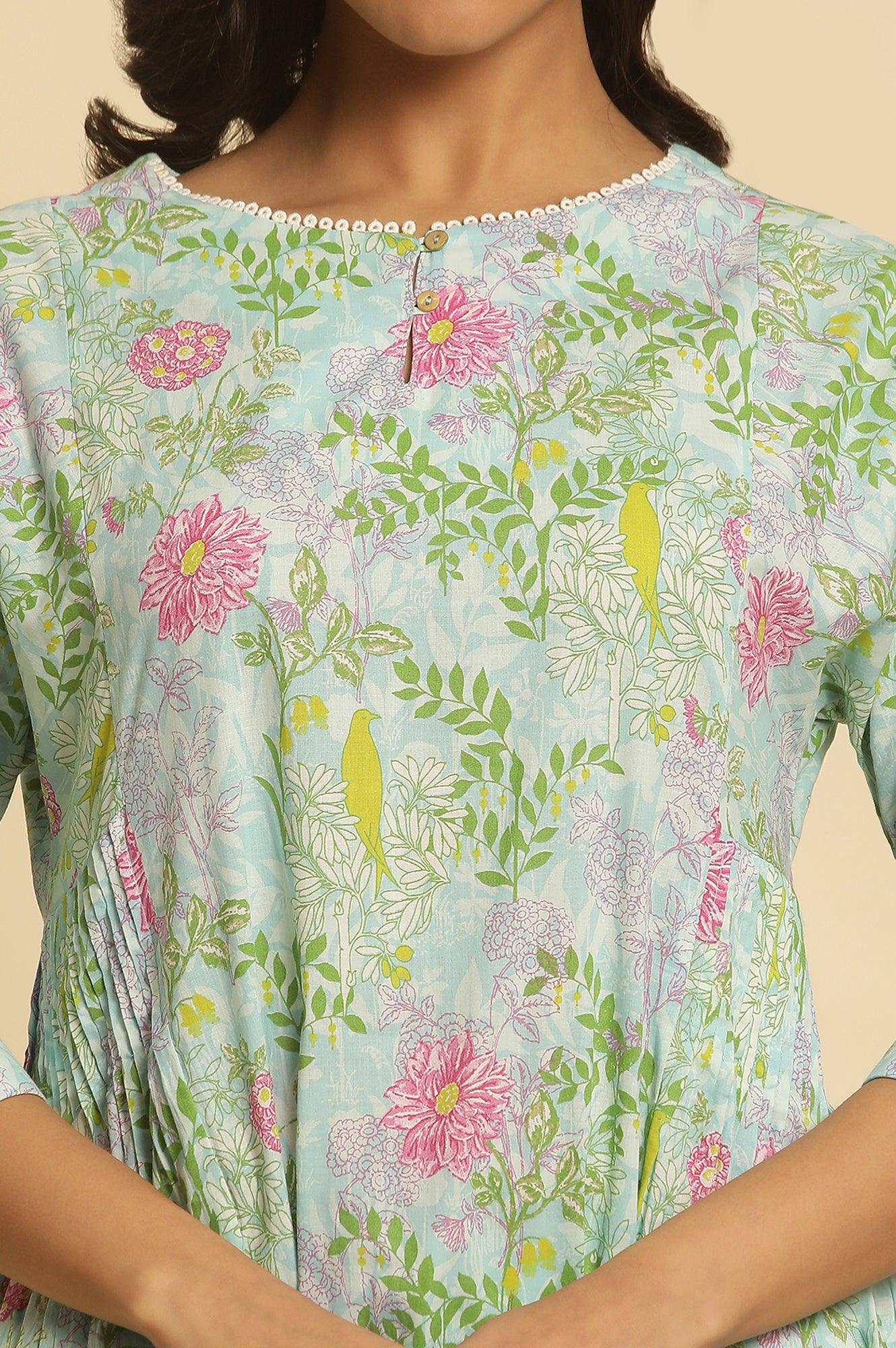 Blue Floral Printed Side Pleated Kurta - wforwoman