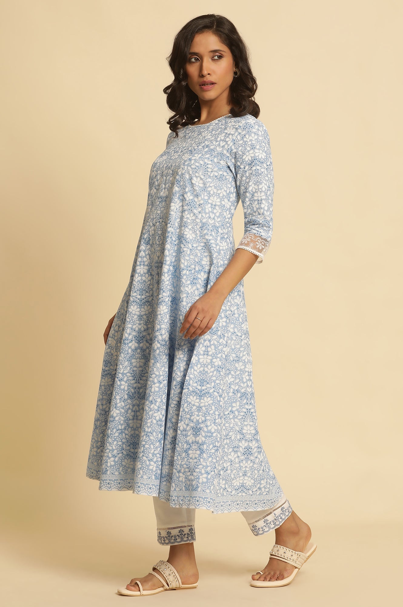 Light Blue Floral Printed Pure Cotton Anarkali Kurta