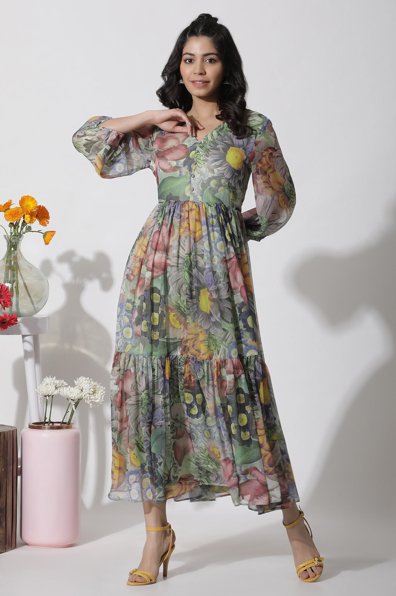 Multi-Coloured Floral Printed Tiered Dress