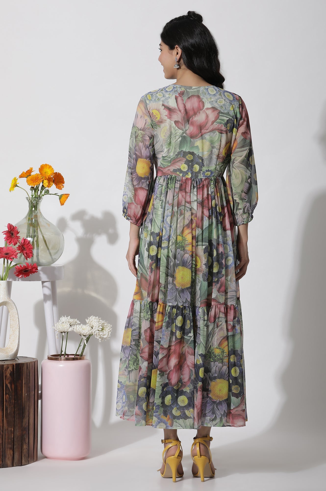 Multi-Coloured Floral Printed Tiered Dress