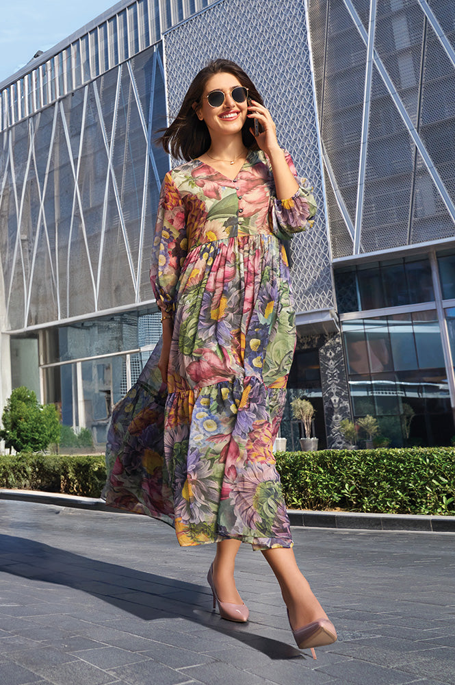Multi-Coloured Floral Printed Tiered Dress
