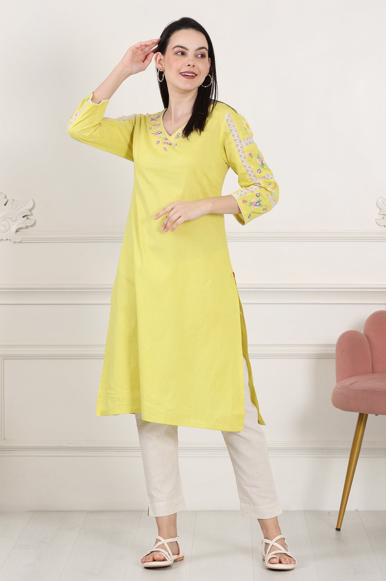 Lemon Yellow Floral Thread Embroidered Pure Cotton Straight Kurta - wforwoman