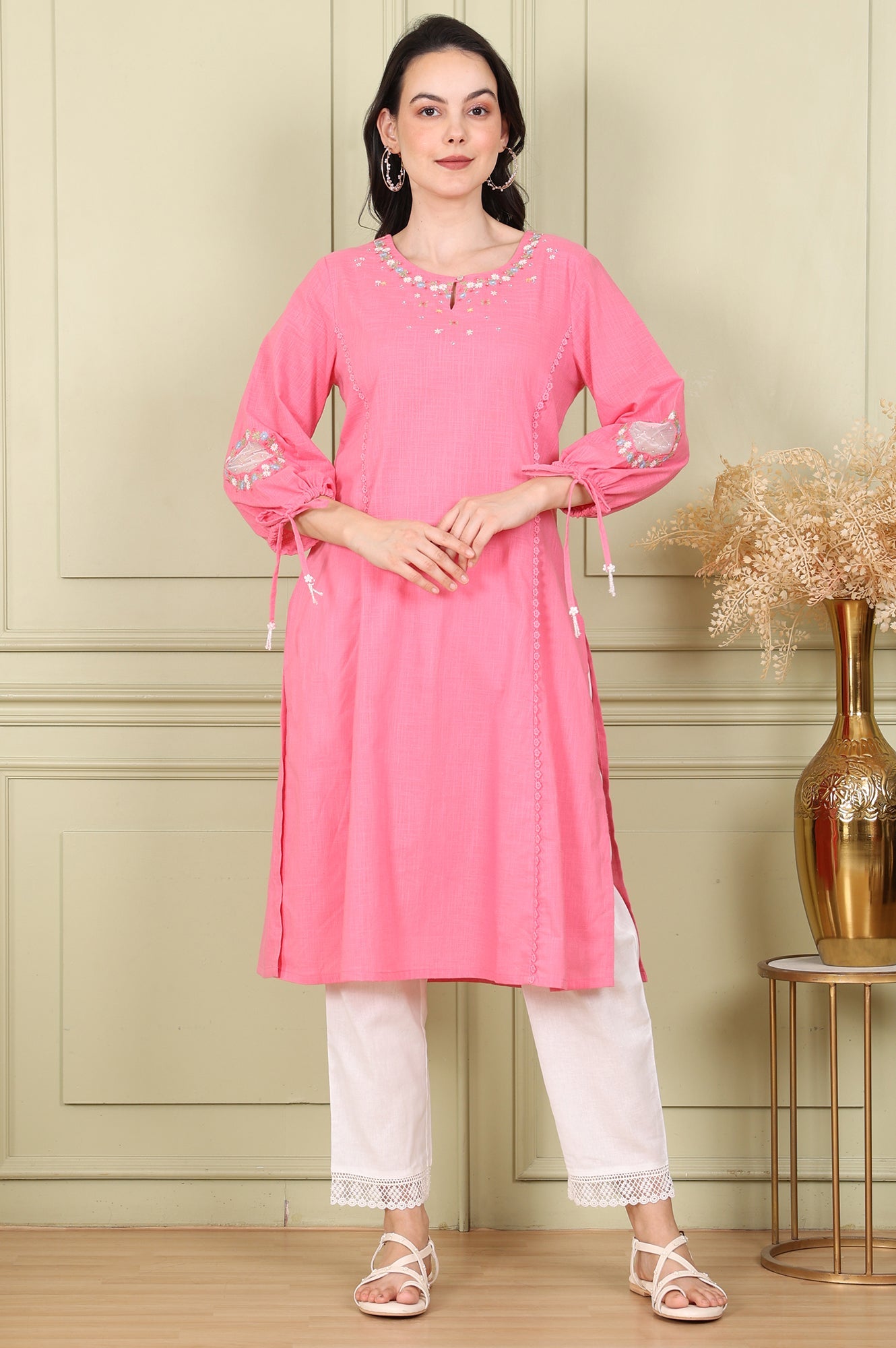 Light Pink Floral Embroidered Pure Cotton Textured Straight Kurta - wforwoman