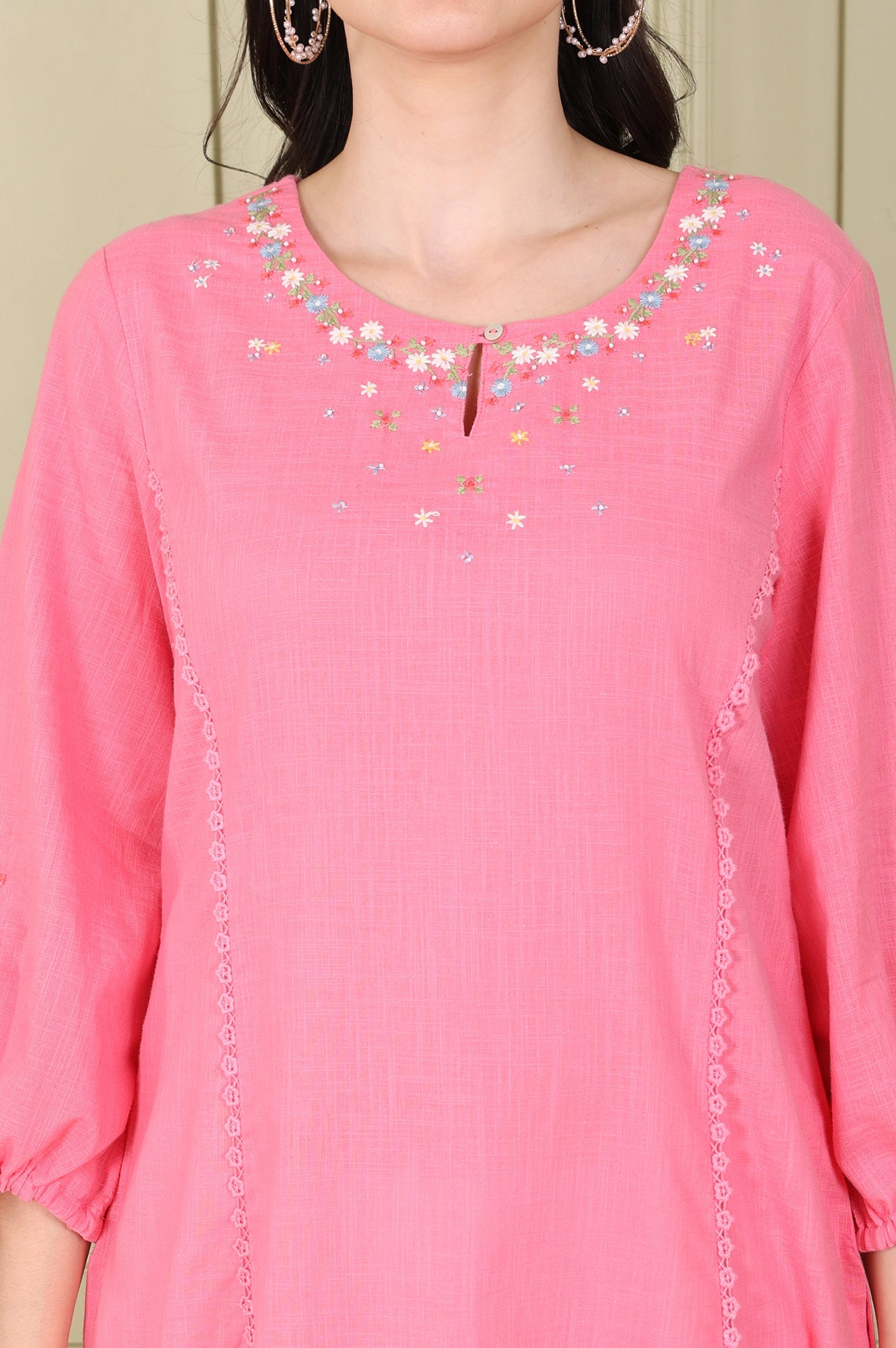Light Pink Floral Embroidered Pure Cotton Textured Straight Kurta - wforwoman