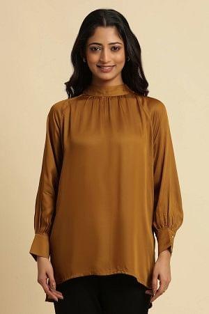 Brown Gathered High Neck Top - wforwoman