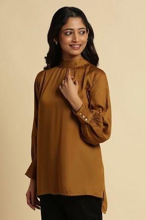 Brown Gathered High Neck Top - wforwoman