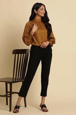 Brown Gathered High Neck Top - wforwoman