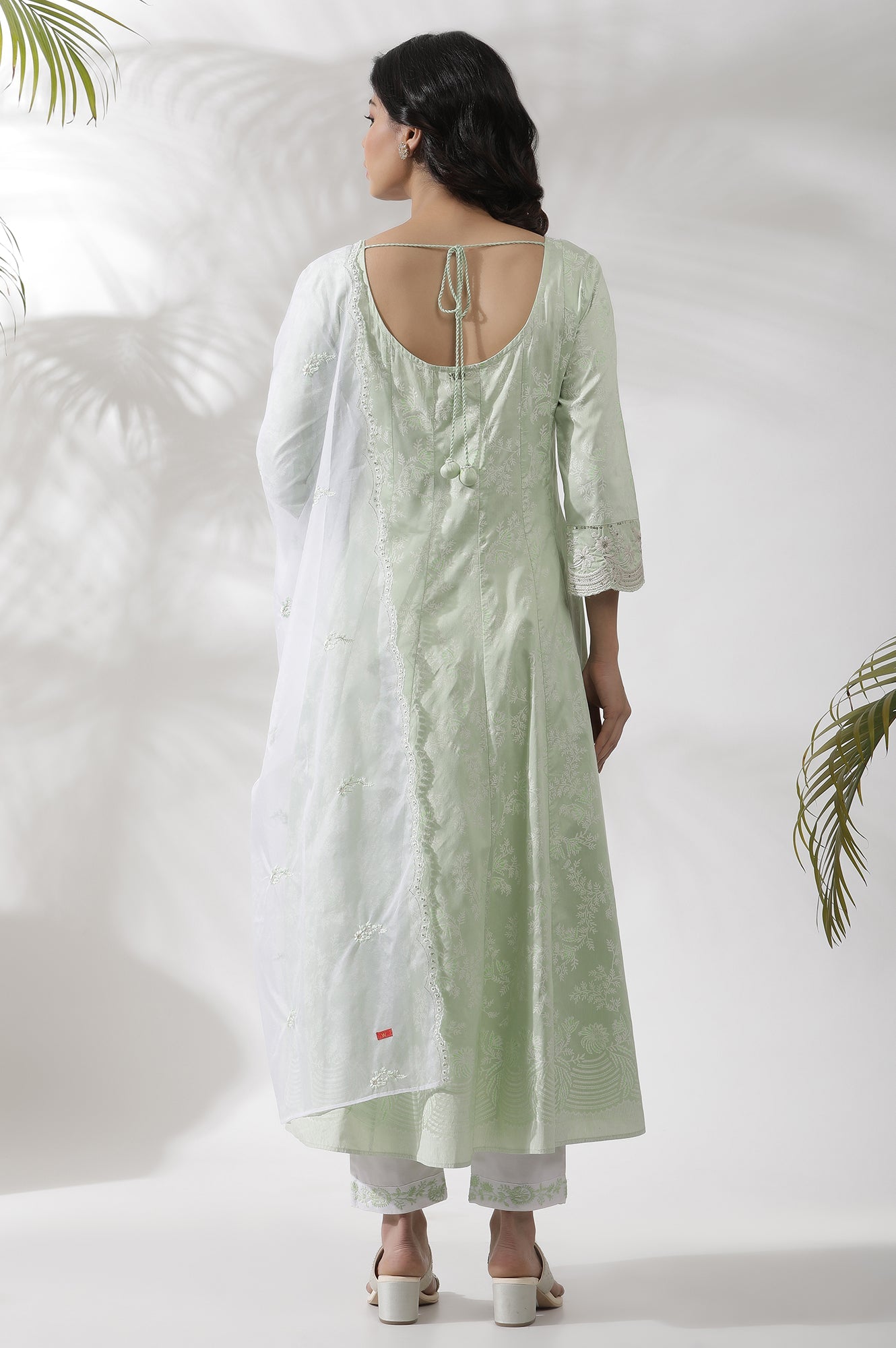 Light Green Embroidered Panelled Kurta, Pants And Dupatta Set
