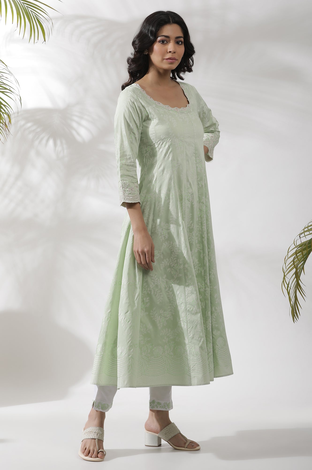 Light Green Embroidered Panelled Kurta, Pants And Dupatta Set