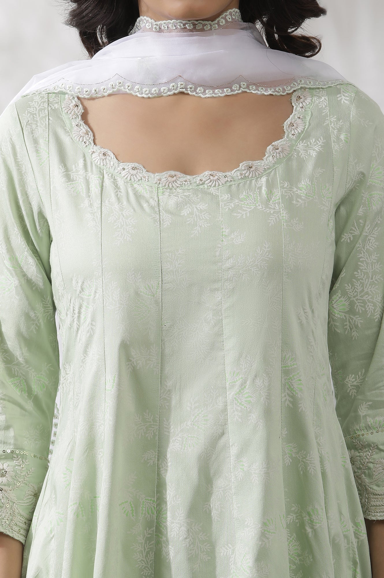 Light Green Embroidered Panelled Kurta, Pants And Dupatta Set