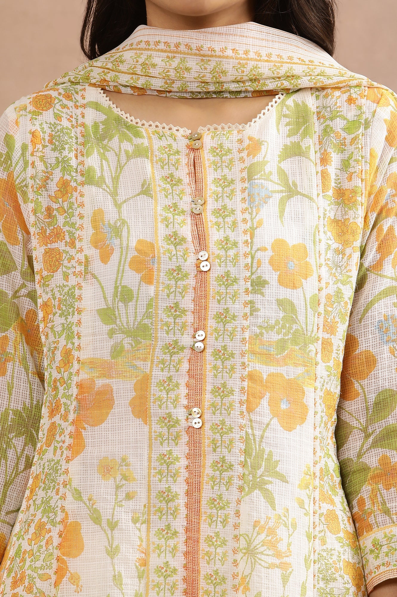 White Multi-Coloured Floral Printed Panelled Kurta, Pants And Dupatta Set