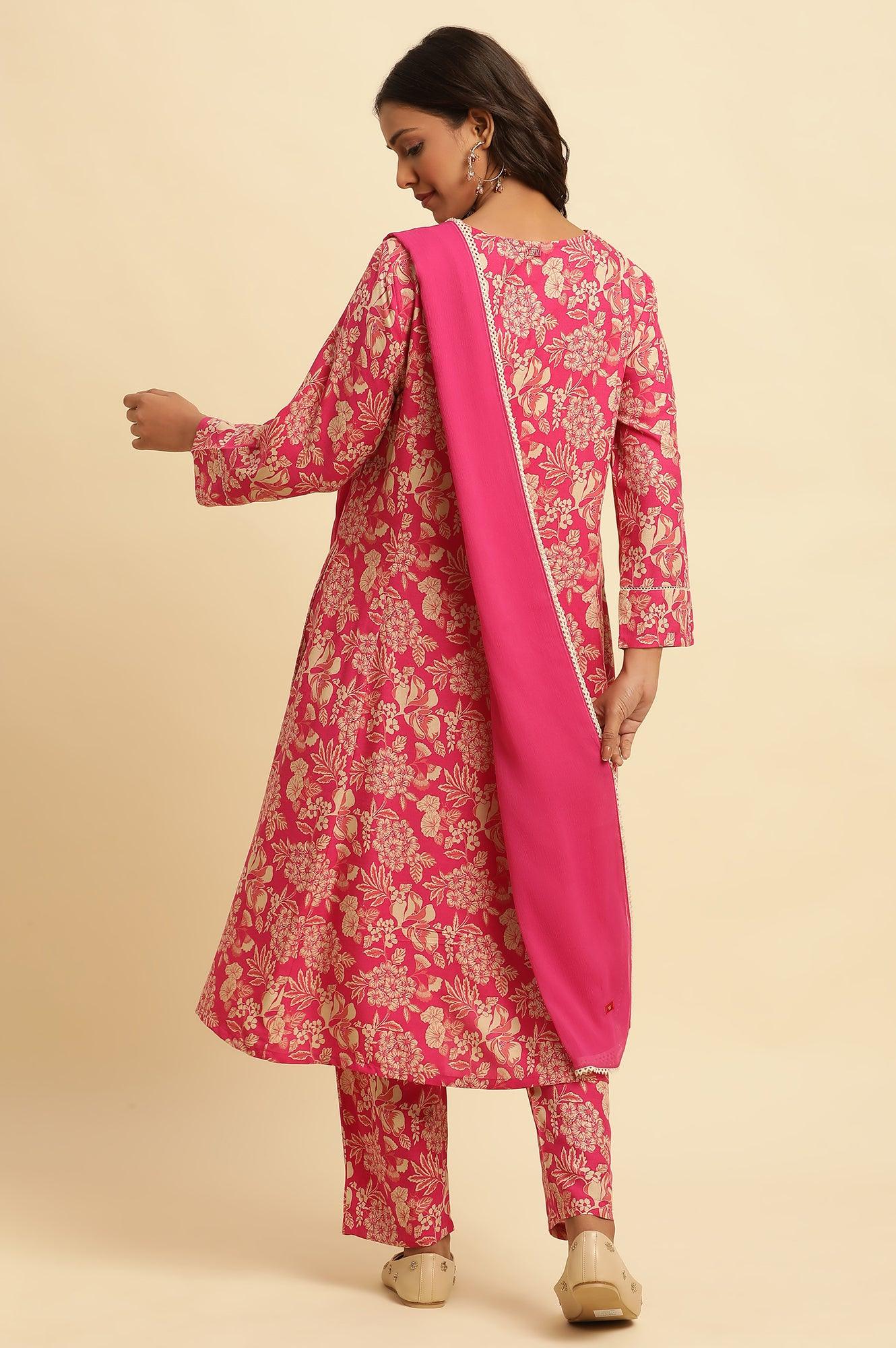Pink Floral Printed A-Line Kurta, Pants And Dupatta Set - wforwoman