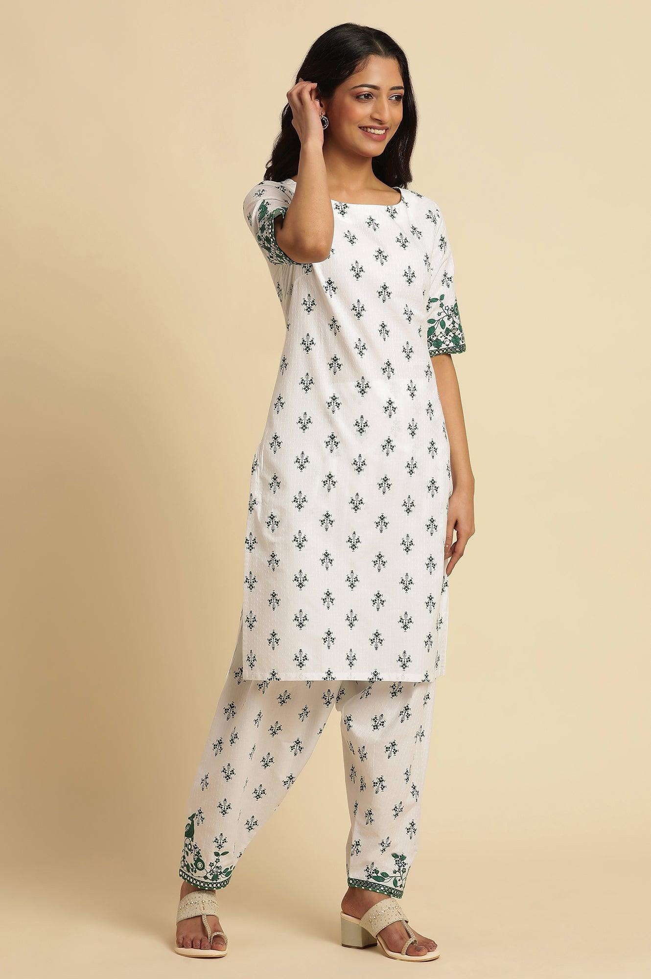 White Embroidered Kurta, Gathered Salwar And Dupatta Set - wforwoman
