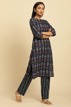 Blue Paisely Printed Kurta And Pants Set - wforwoman